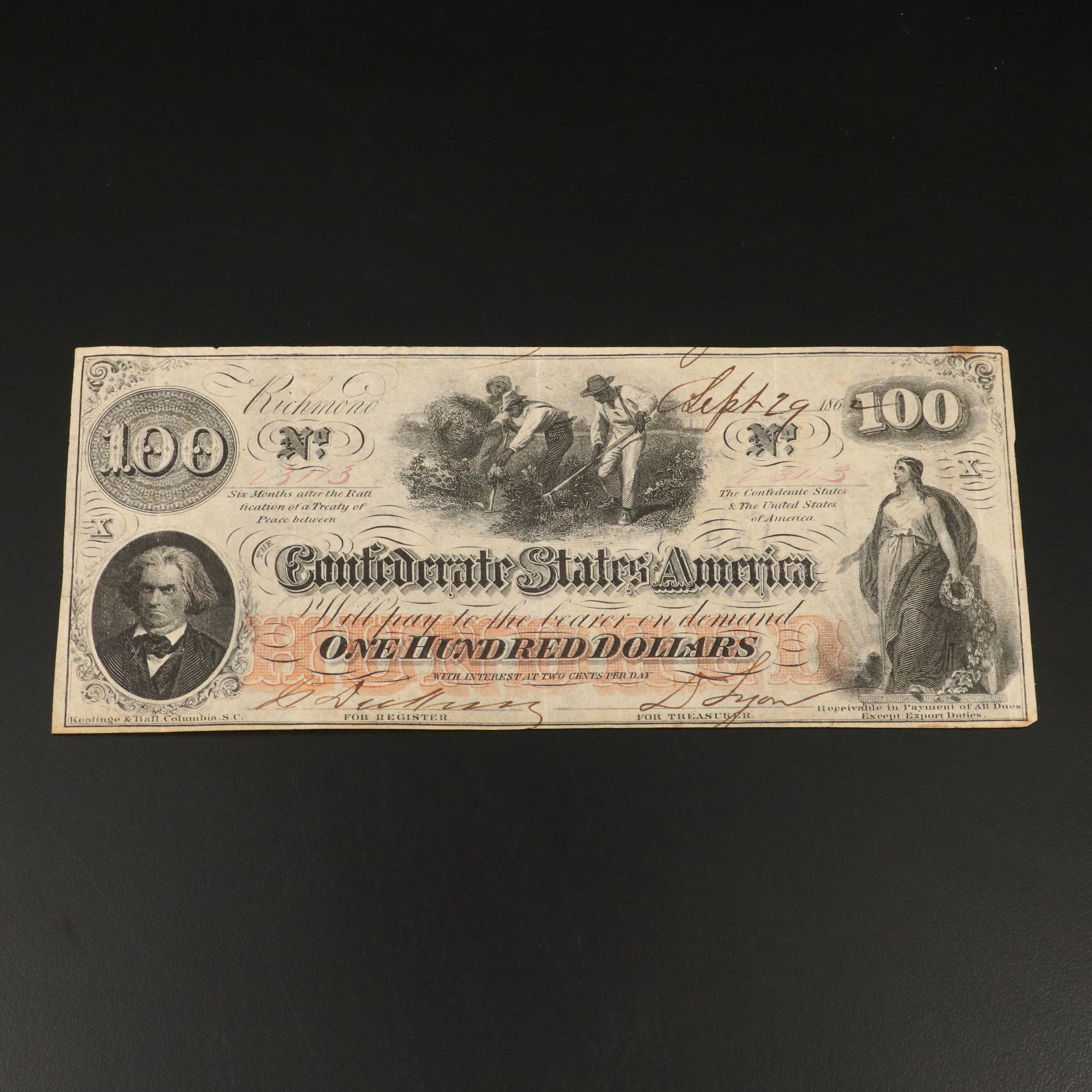 1862 CSA $100 Banknote, T-41