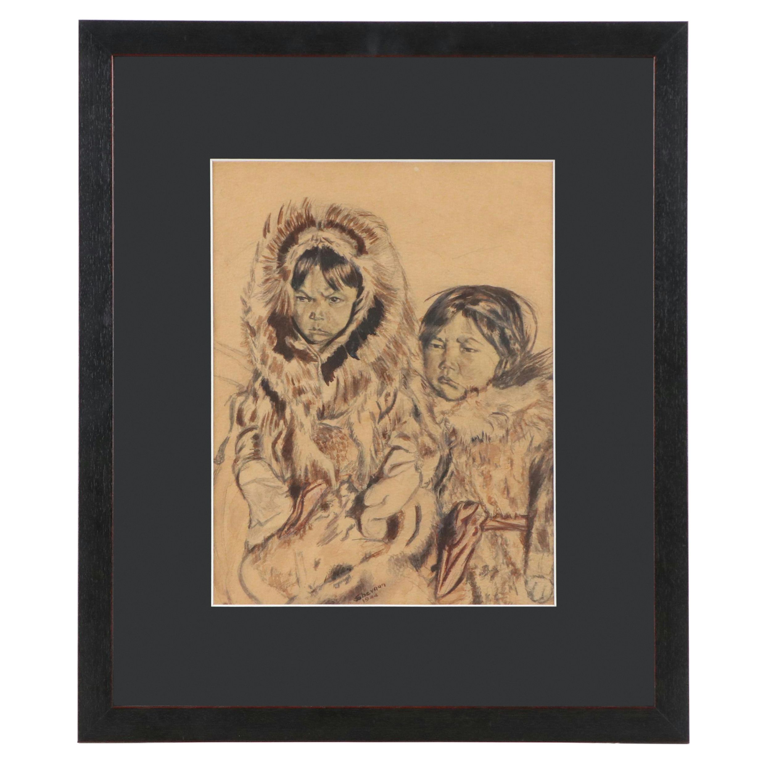 Shevaun Gouache Painting of Two Native American Children, 1944