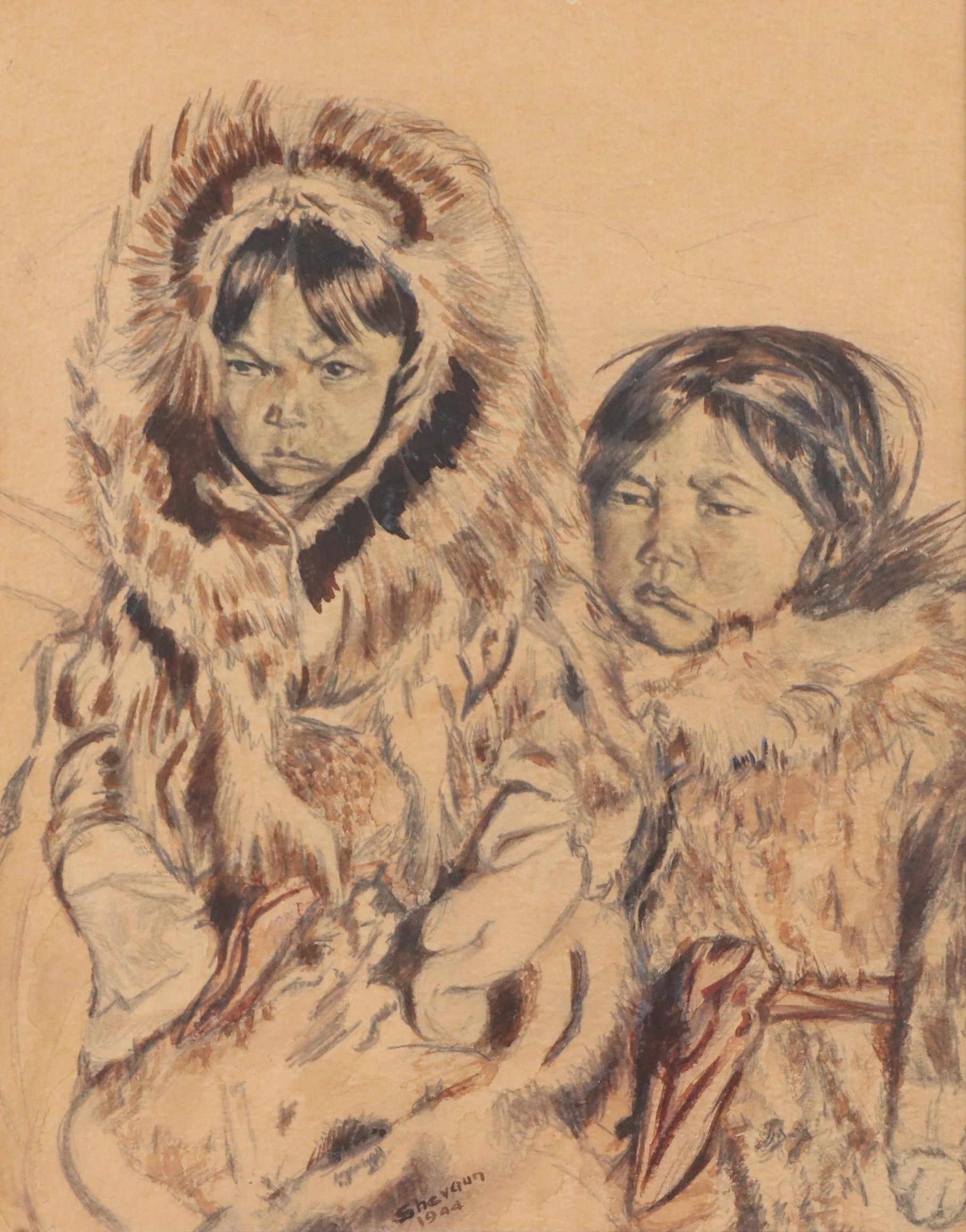 Shevaun Gouache Painting of Two Native American Children, 1944