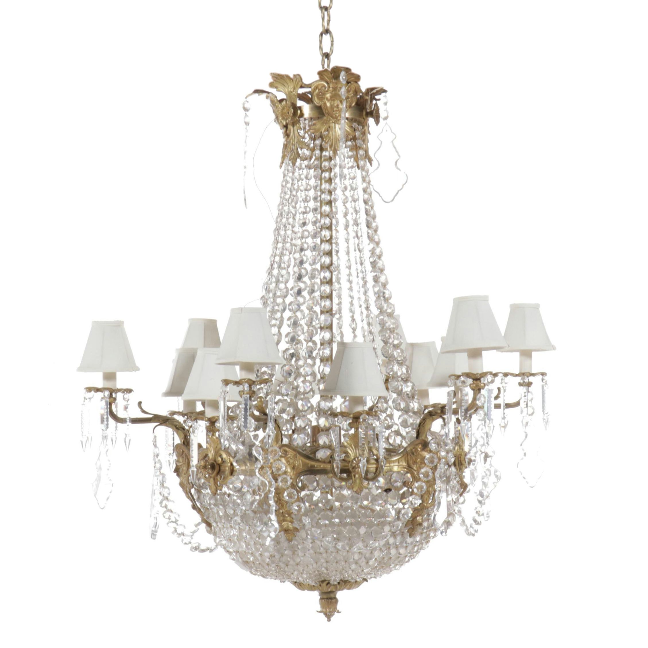 French Empire Style Gilt Brass and Crystal Beadwork Chandelier, Silk Shades