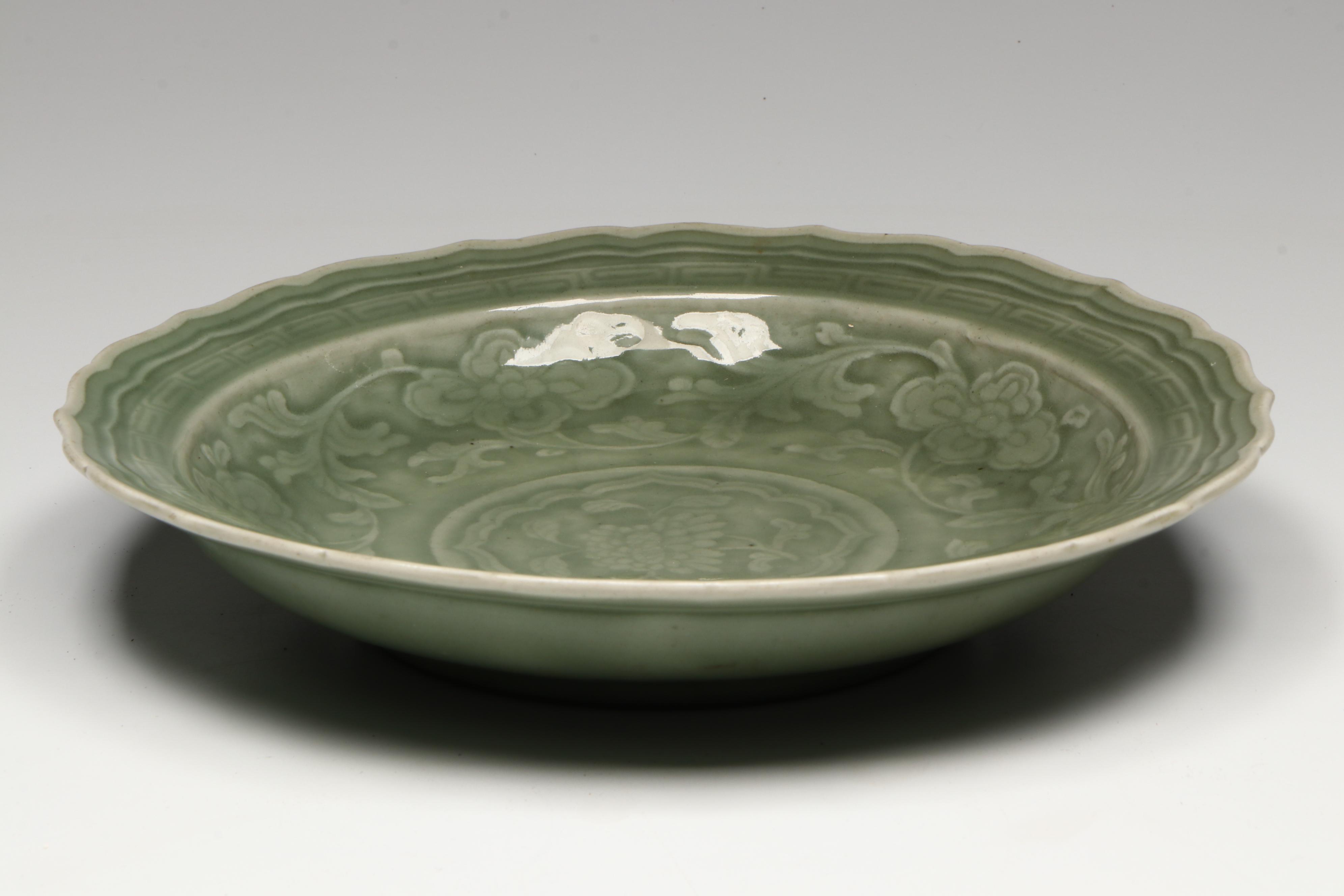 Antique Chinese Ming Dynasty Longquan Celadon Lotus Charger