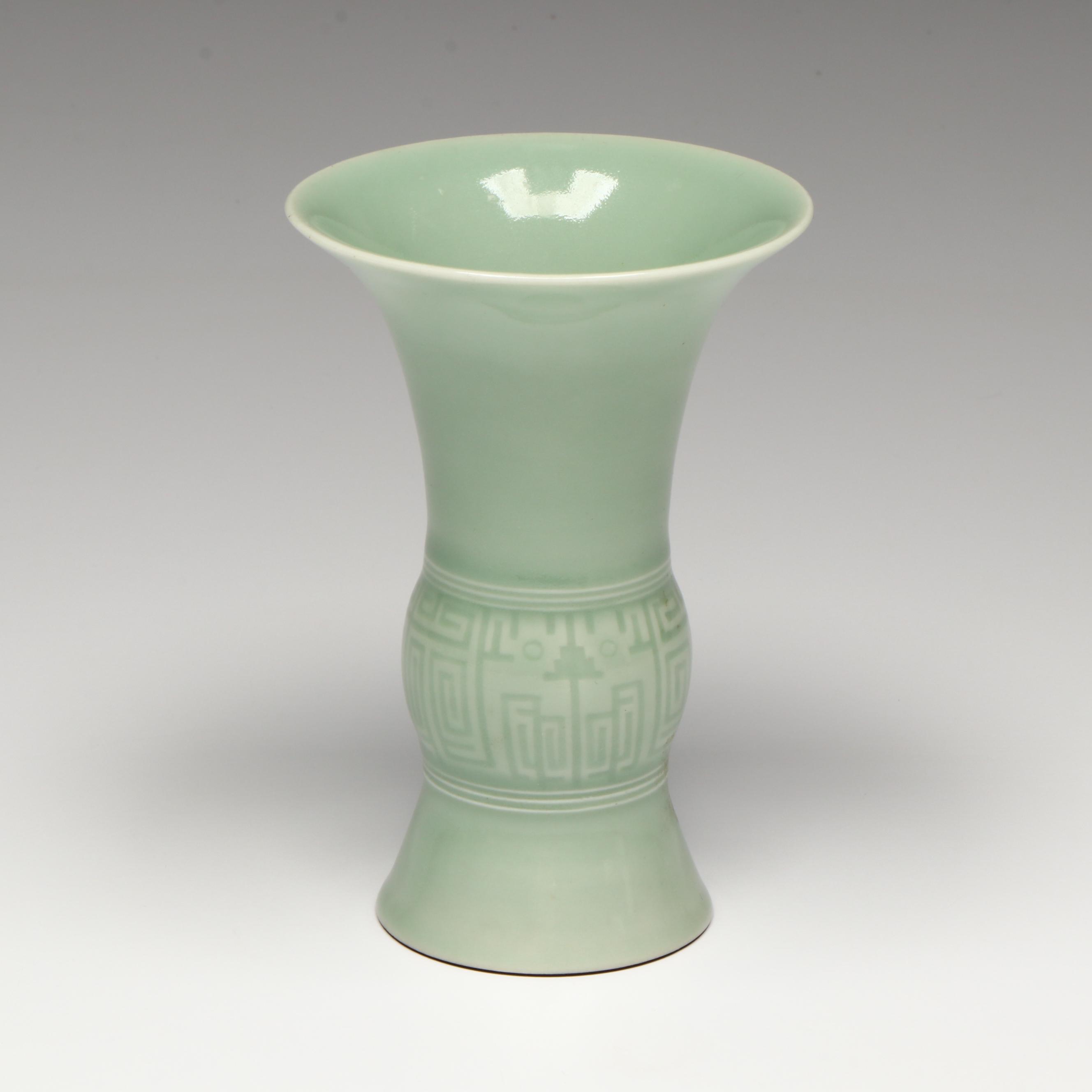 Chinese Qing Dynasty Longquan Celadon Gu Beaker Vase