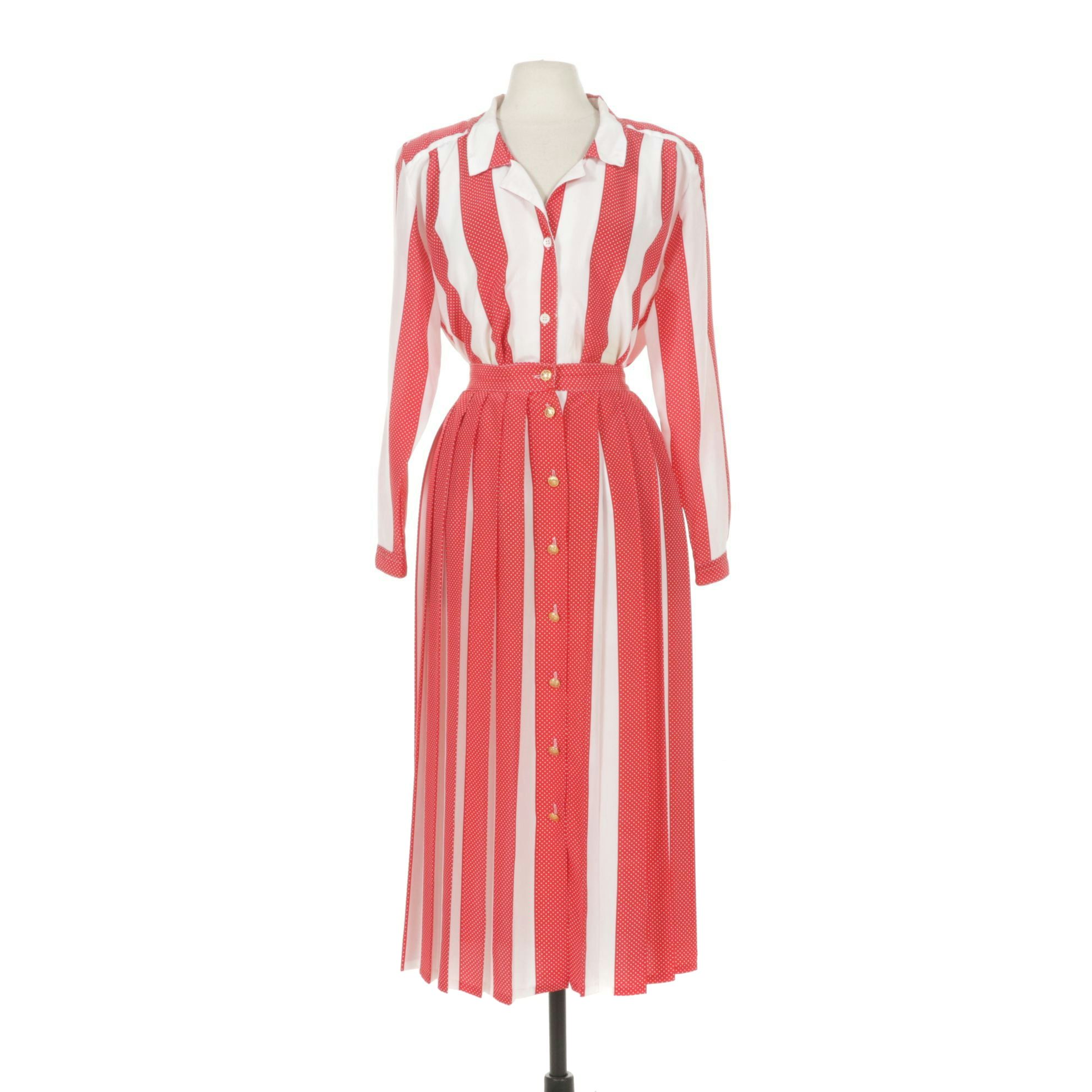 Balenciaga Red Polka-Dot Stripe Two-Piece Blouse and Pleated Skirt
