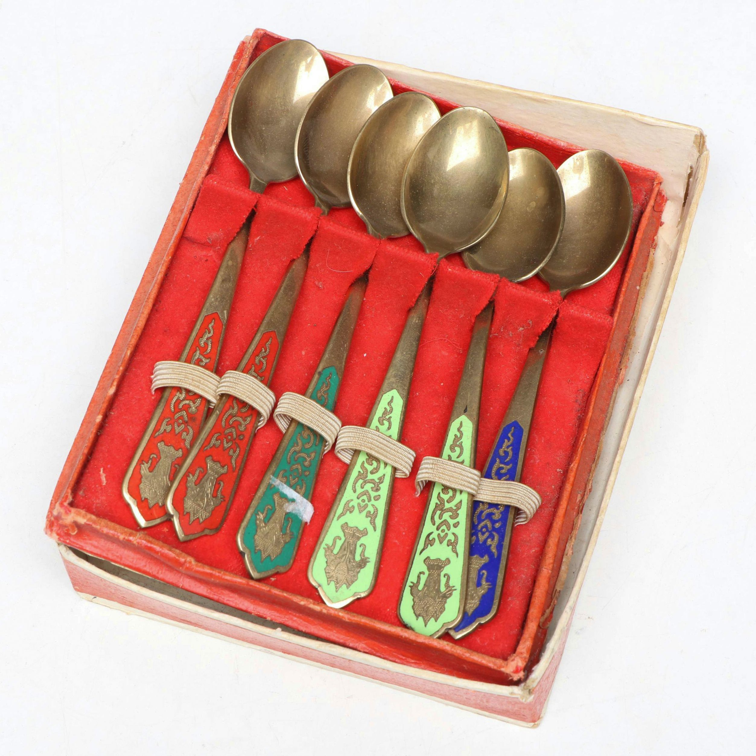 Thai Brass Demitasse Spoons with Enamel Inlay Handles, Mid to Late 20th Century