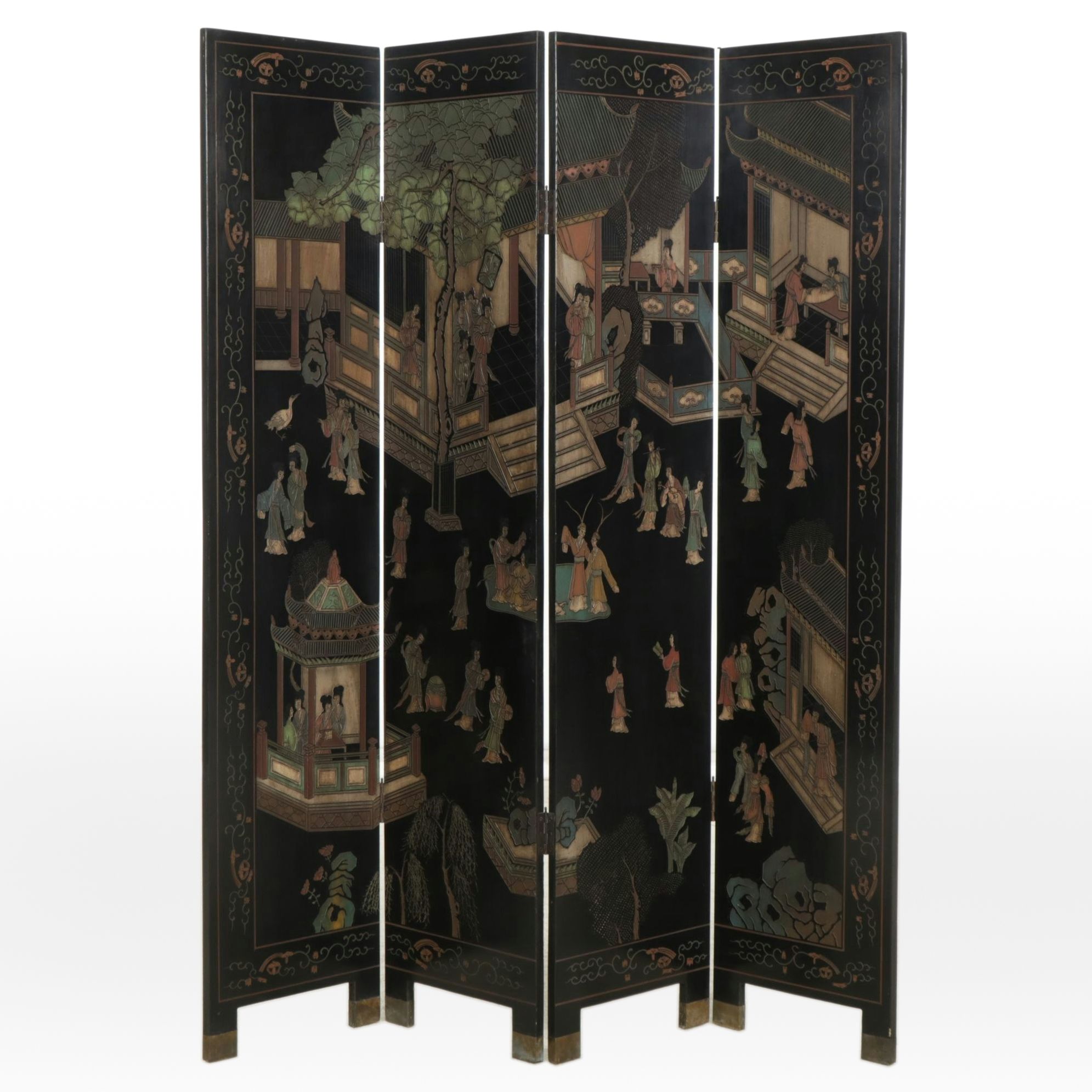Chinese Style Black Four-Panel Room Screen with Incised Decorations
