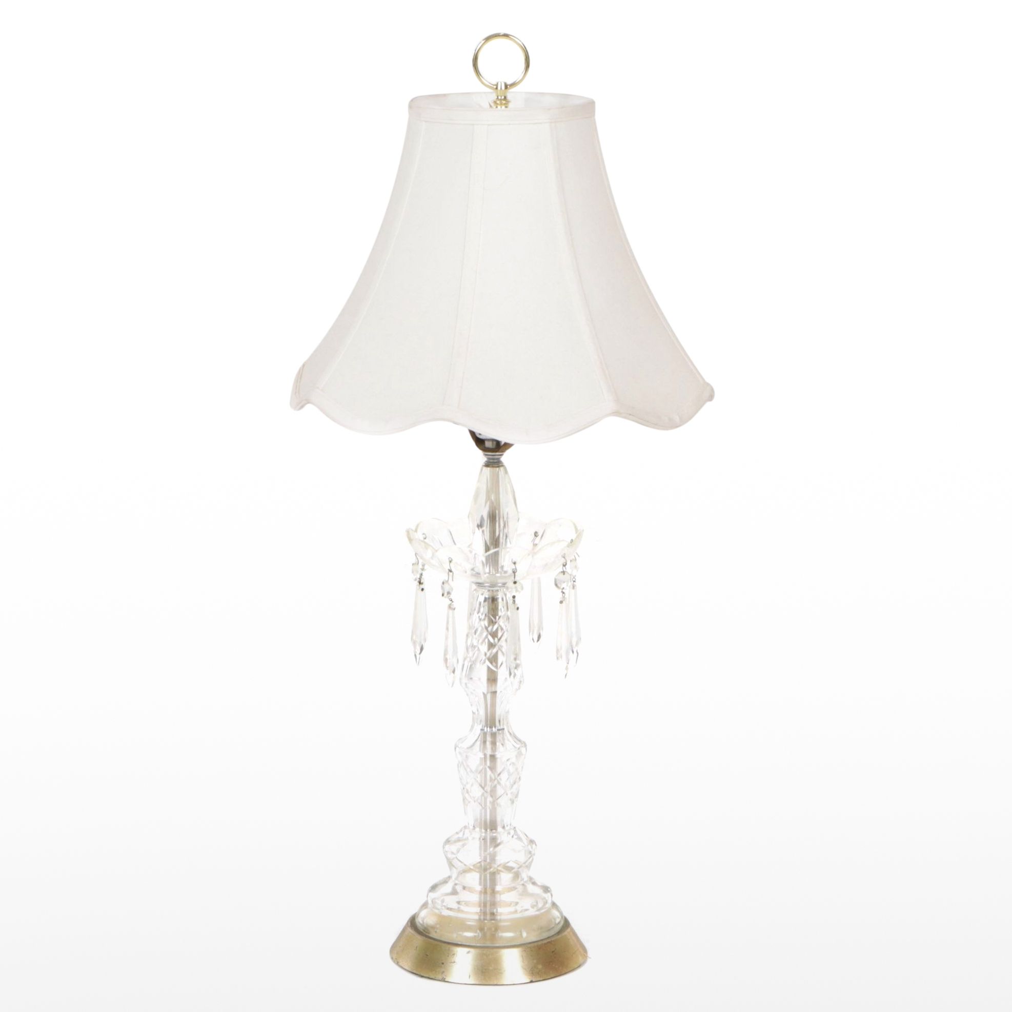 Cut Glass & Crystal Luster Table Lamp with Scalloped Silk Shade