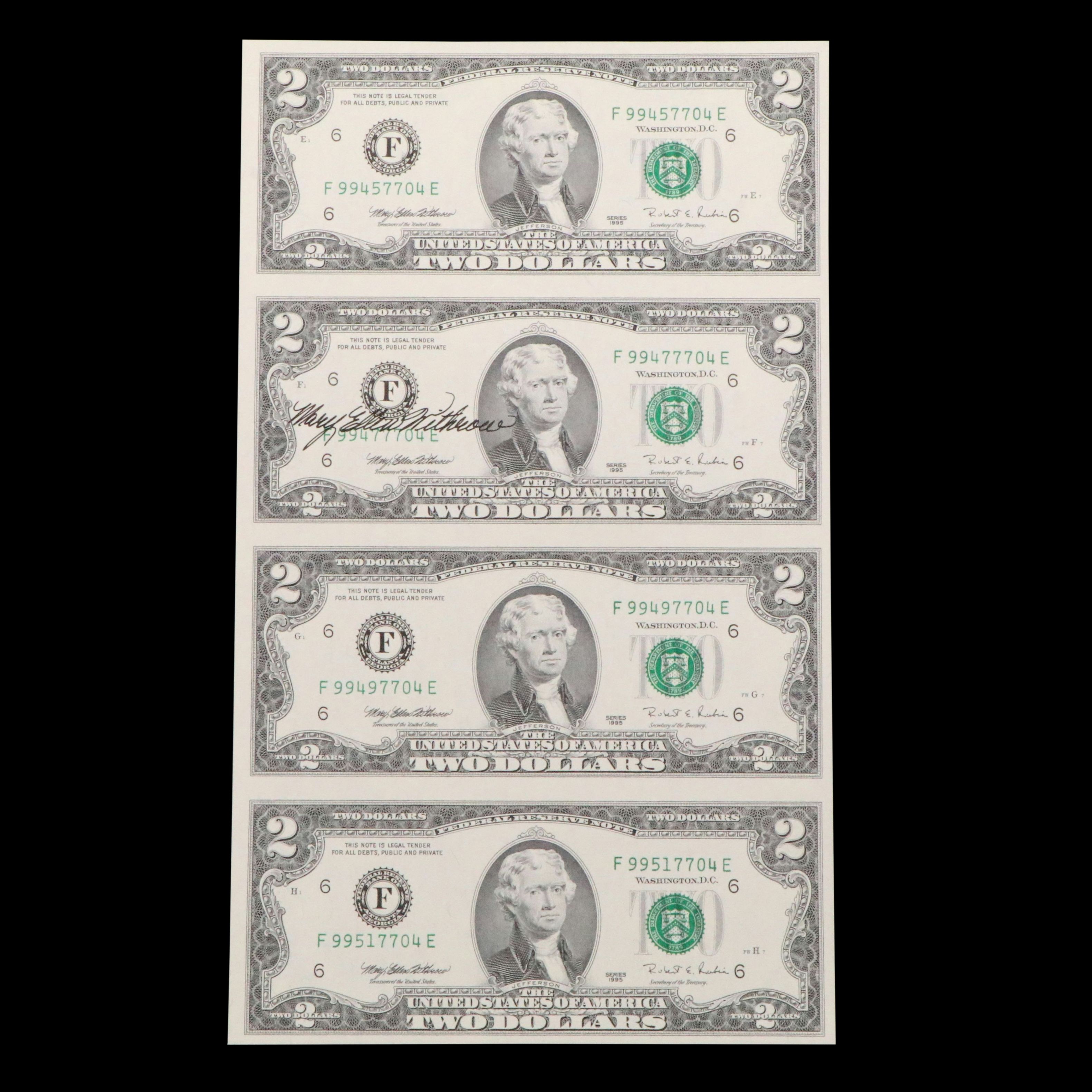 Uncut Sheet of Four 1995 $2 U.S.Federal Reserve Notes