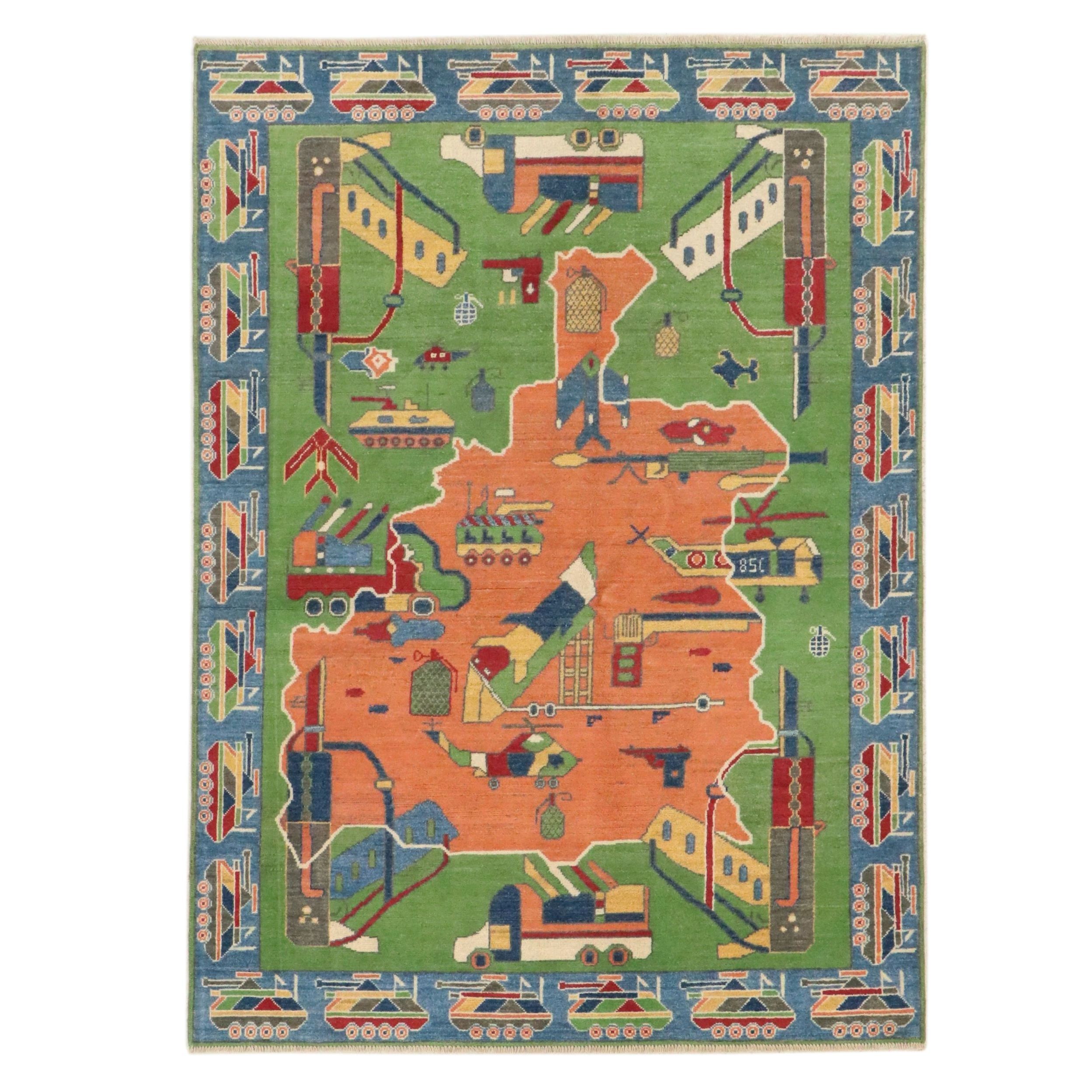 5'2 x 7'1 Hand-Knotted Afghan Pictorial War Area Rug