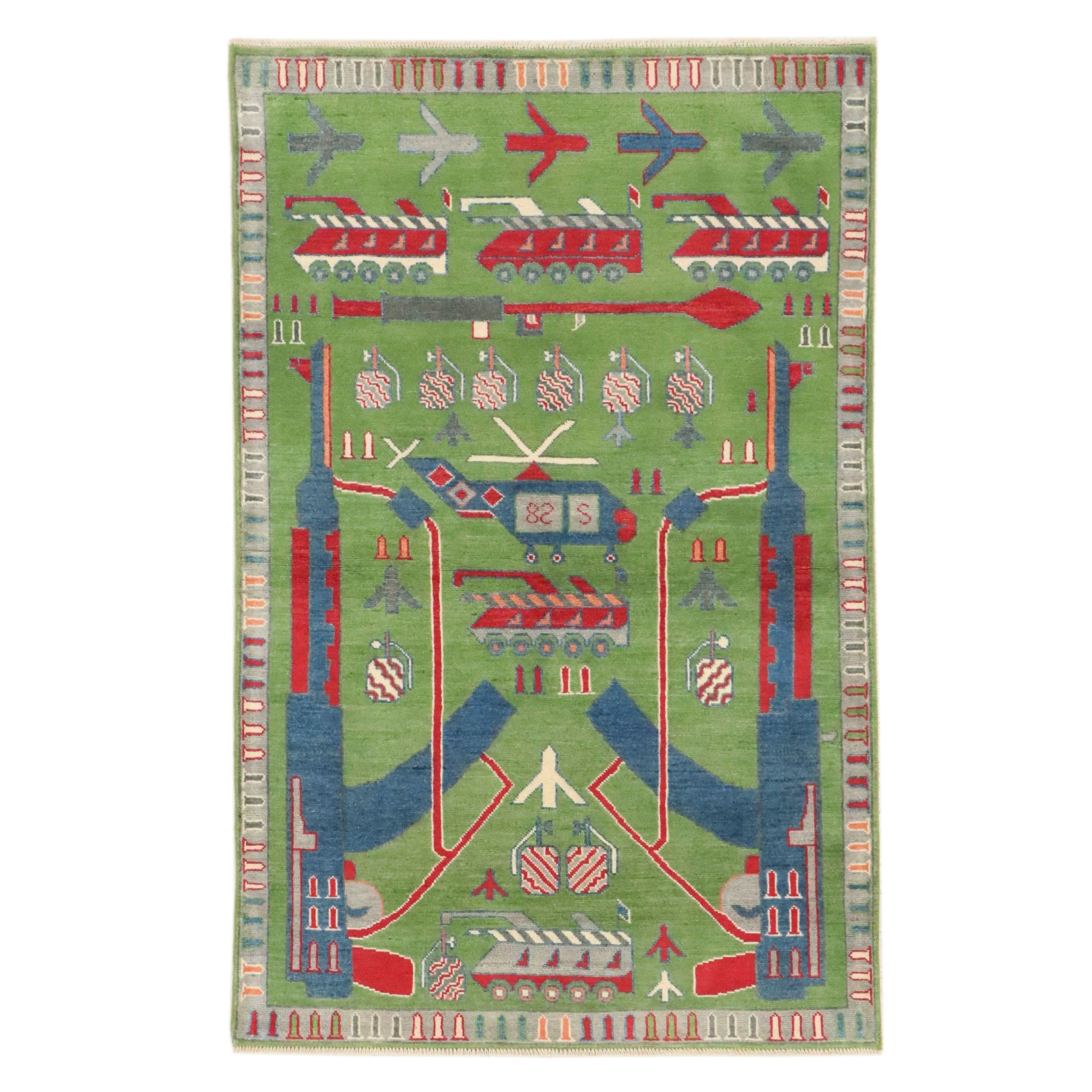 3'10 x 6' Hand-Knotted Afghan Pictorial War Rug