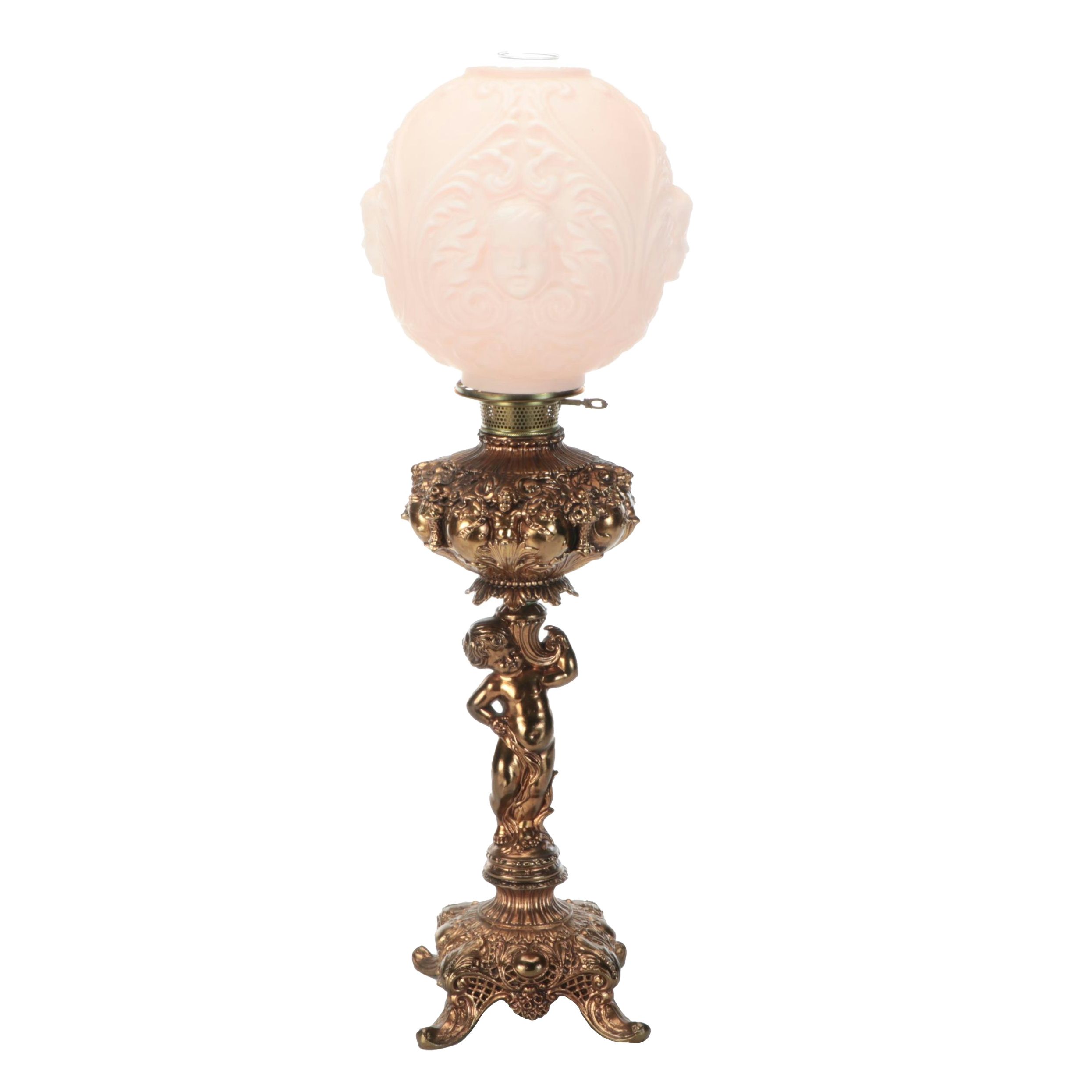 Rococo Style Gilt Metal Table Lamp with Embossed Cherub Glass Shade