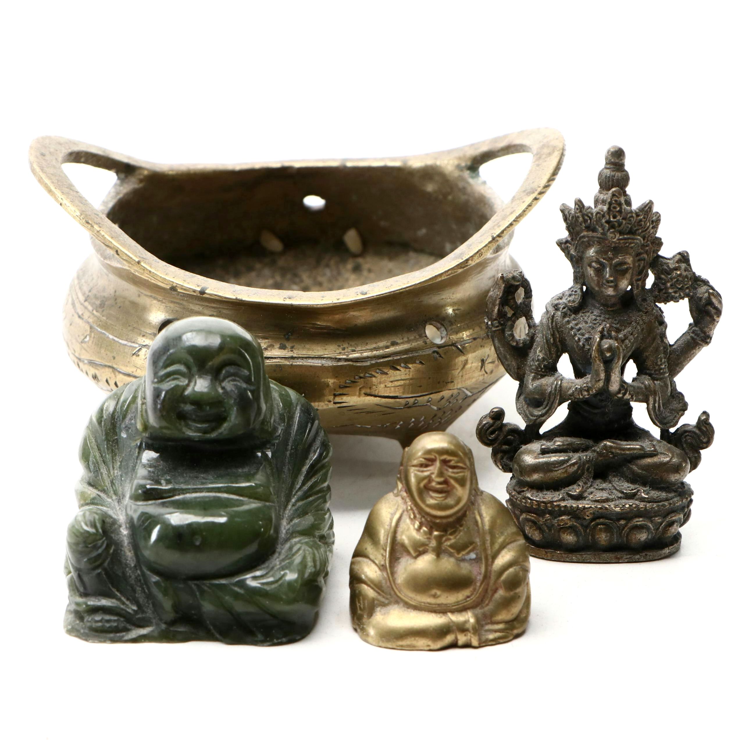 Brass Finish Budai, Tara and Chinese Miniature Incense Brazier