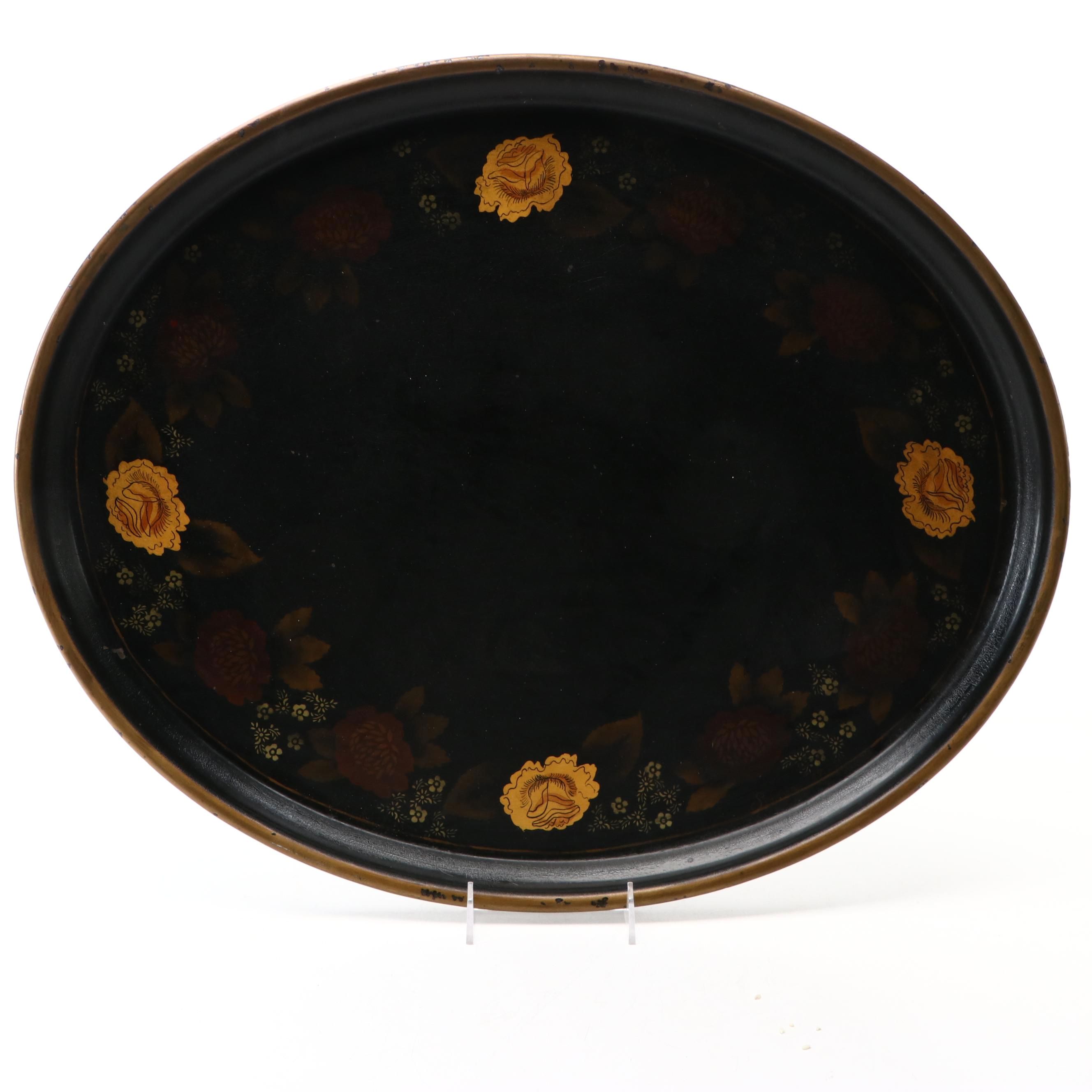 Vintage Oval Hand-Painted Toleware Serving Tray with Floral Motif