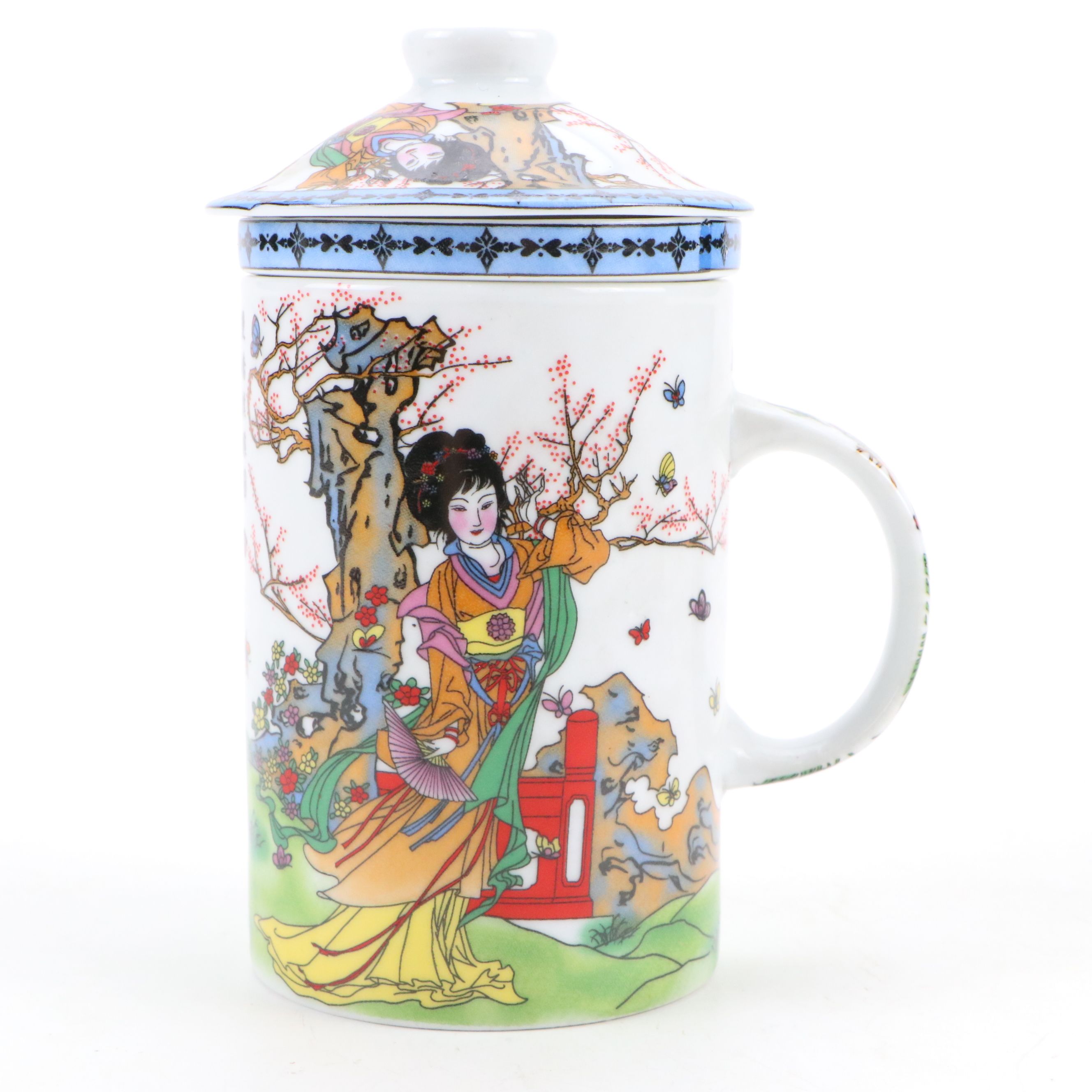 Yu Tai Porcelain Lidded Tea Straining Mug with Egyptian Style Miniature Chest