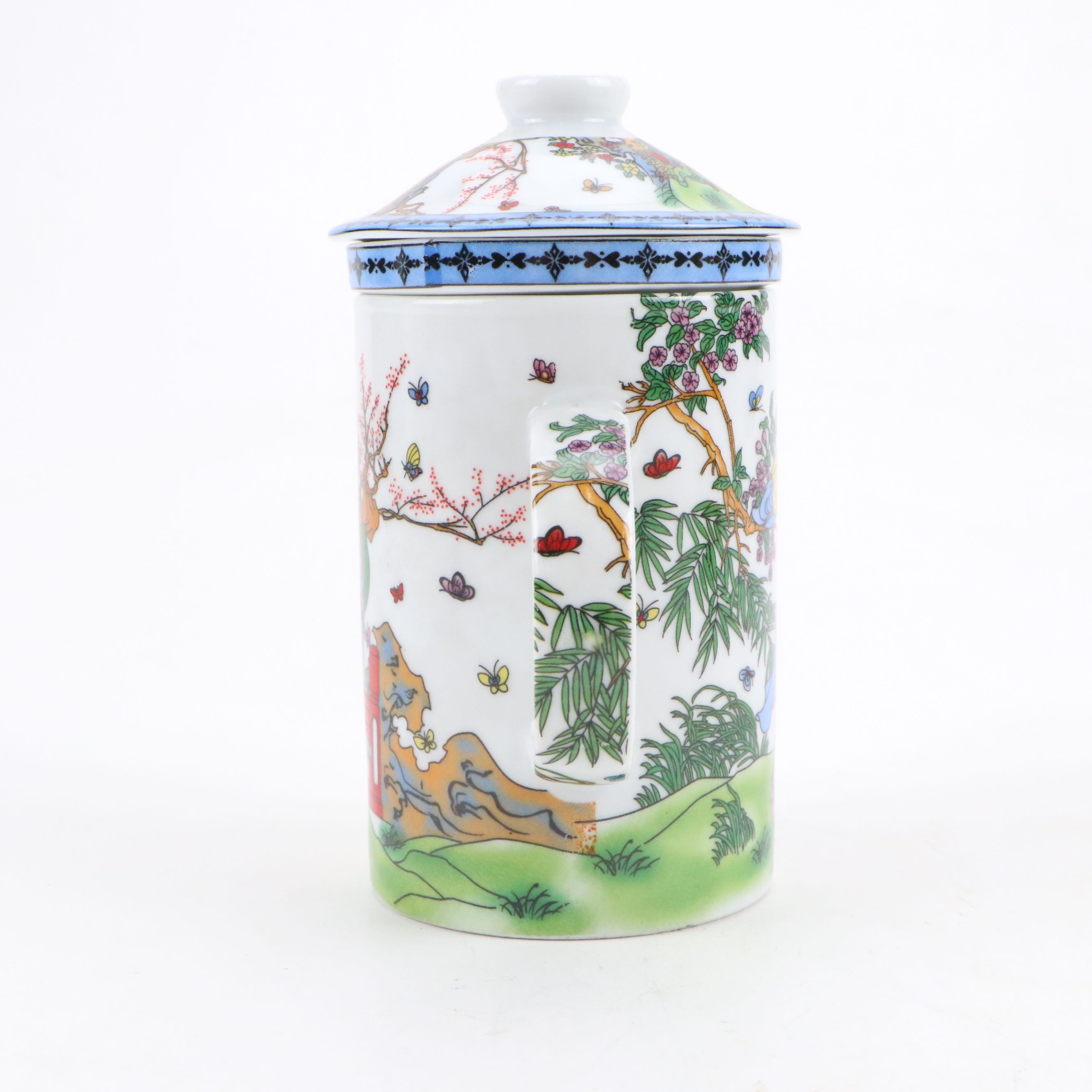 Yu Tai Porcelain Lidded Tea Straining Mug with Egyptian Style Miniature Chest