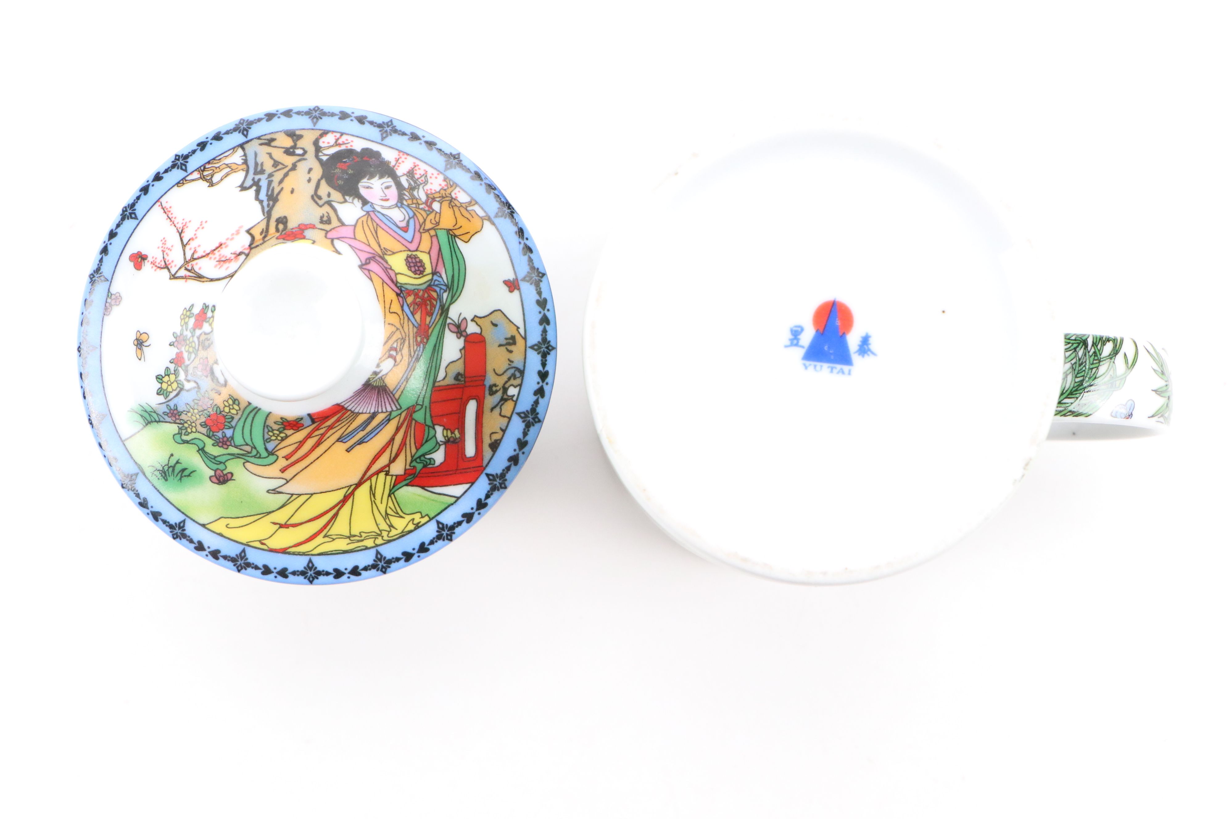 Yu Tai Porcelain Lidded Tea Straining Mug with Egyptian Style Miniature Chest