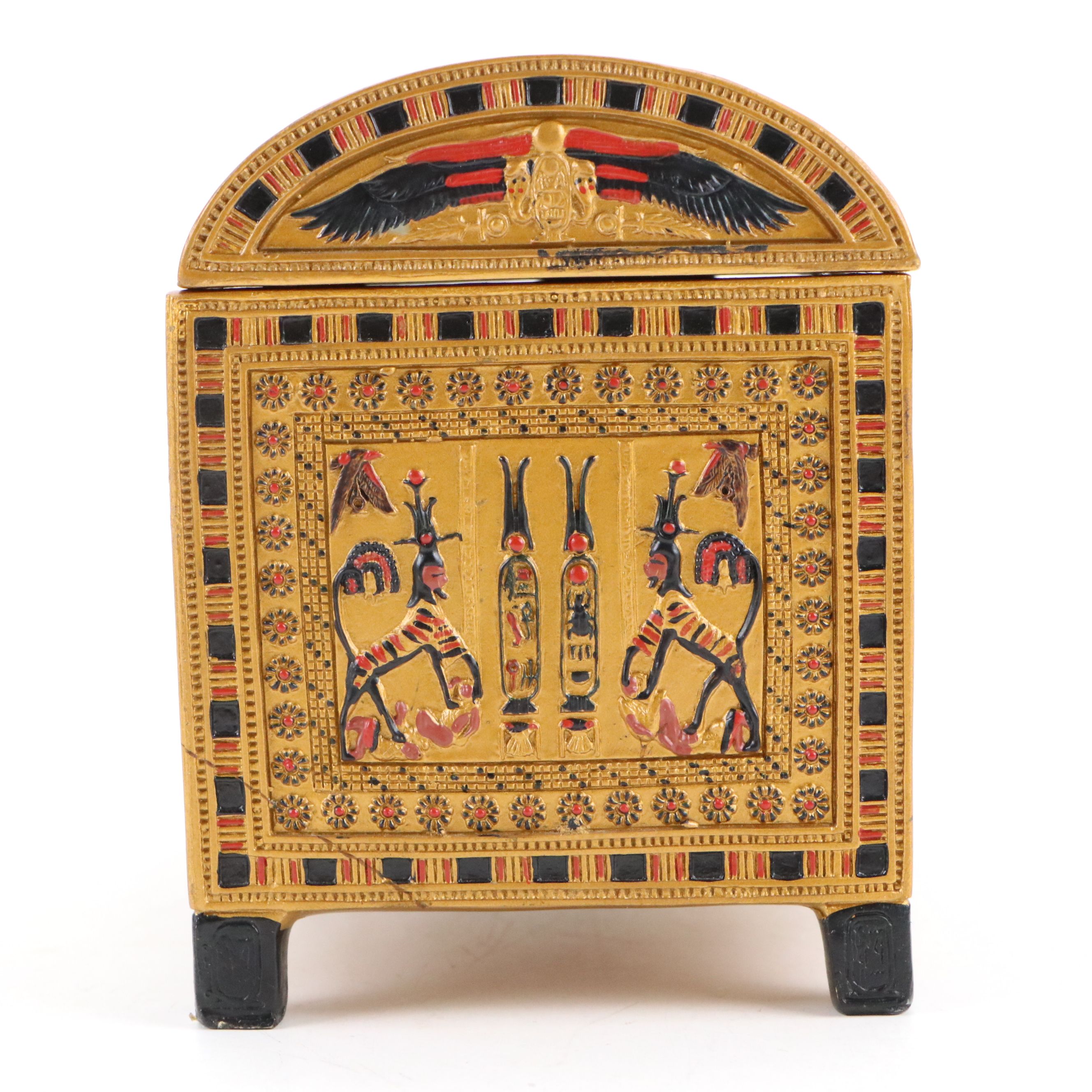 Yu Tai Porcelain Lidded Tea Straining Mug with Egyptian Style Miniature Chest