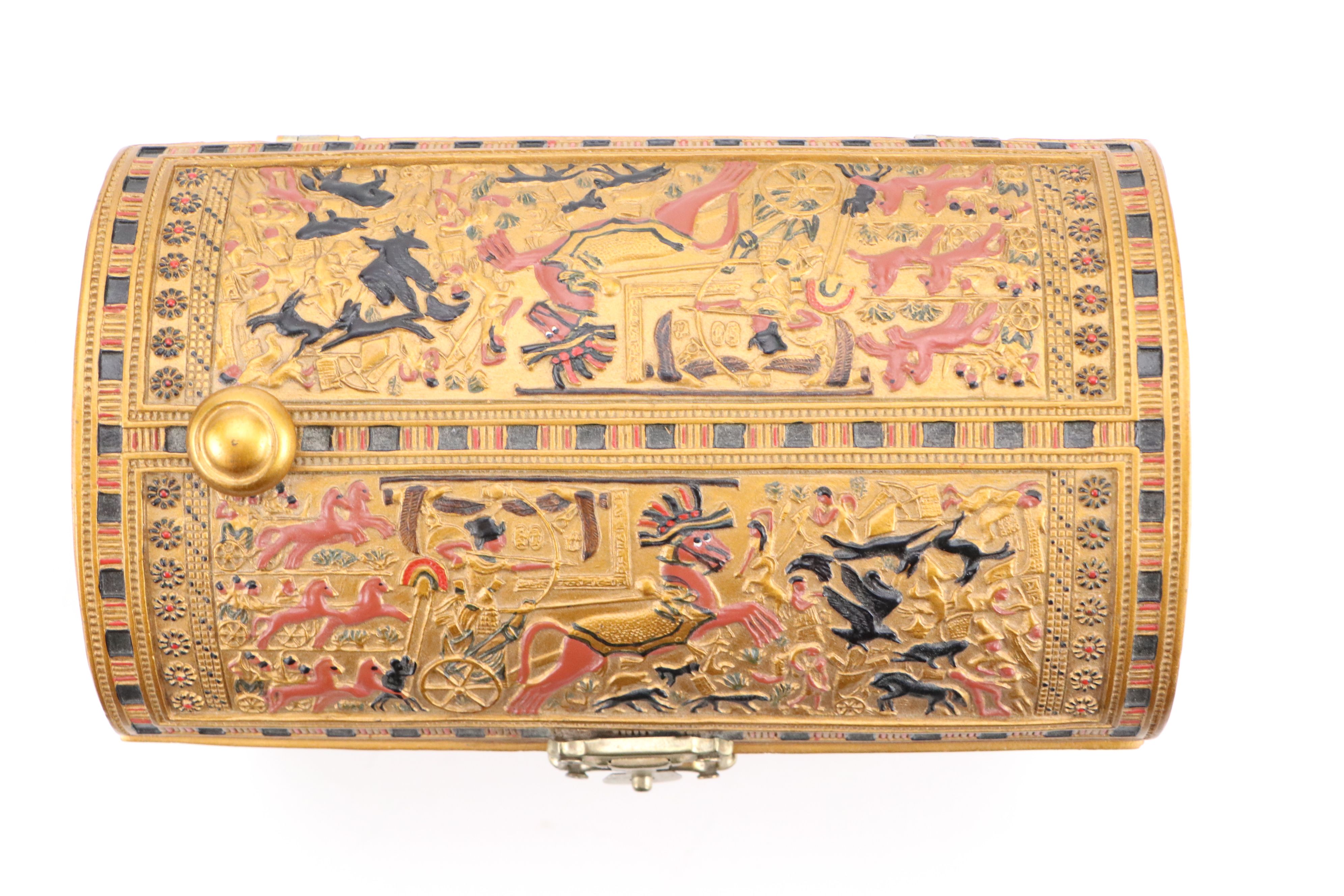 Yu Tai Porcelain Lidded Tea Straining Mug with Egyptian Style Miniature Chest