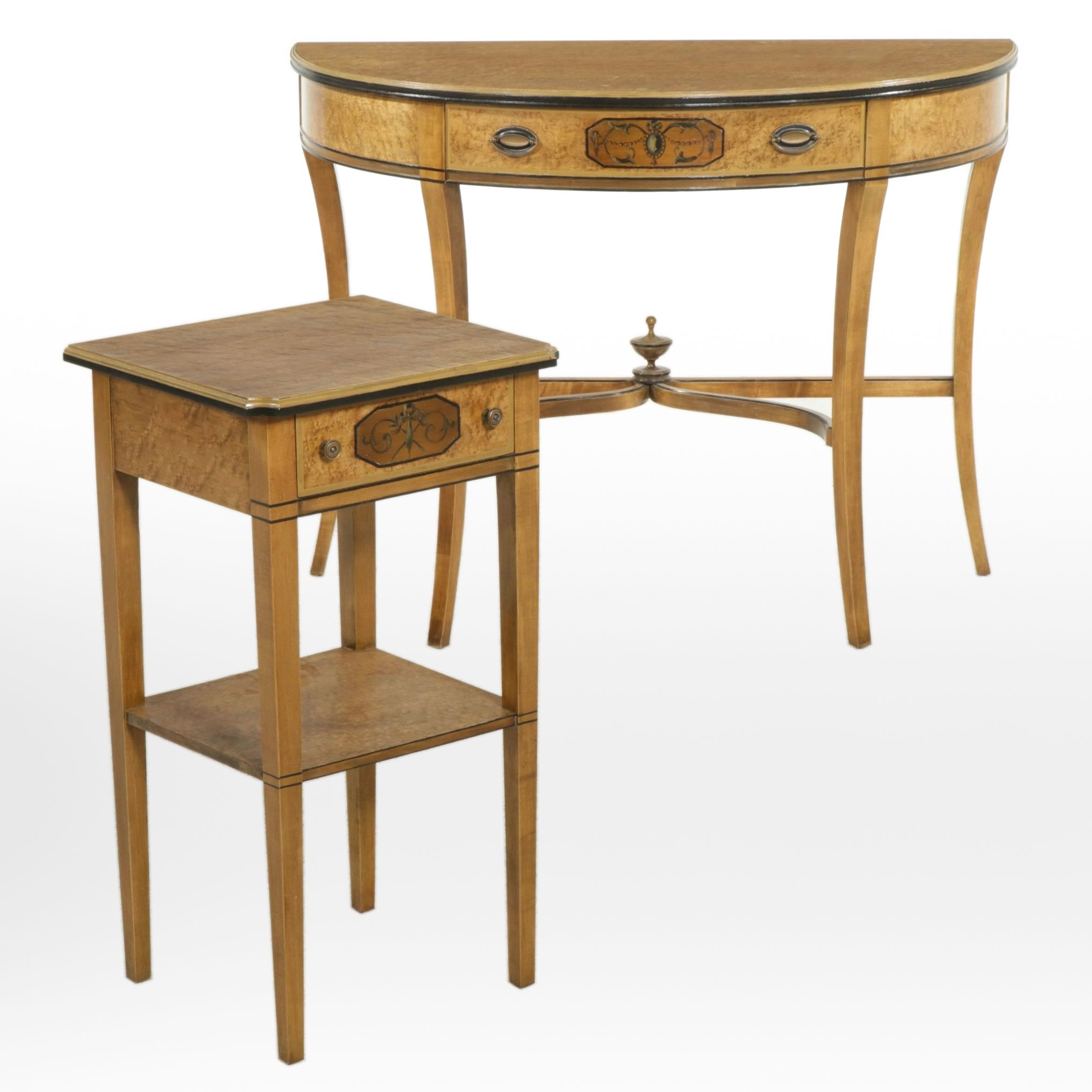 Regency Style Bird's Eye Maple Demilune Hall and Side Tables, Mid-20th Century