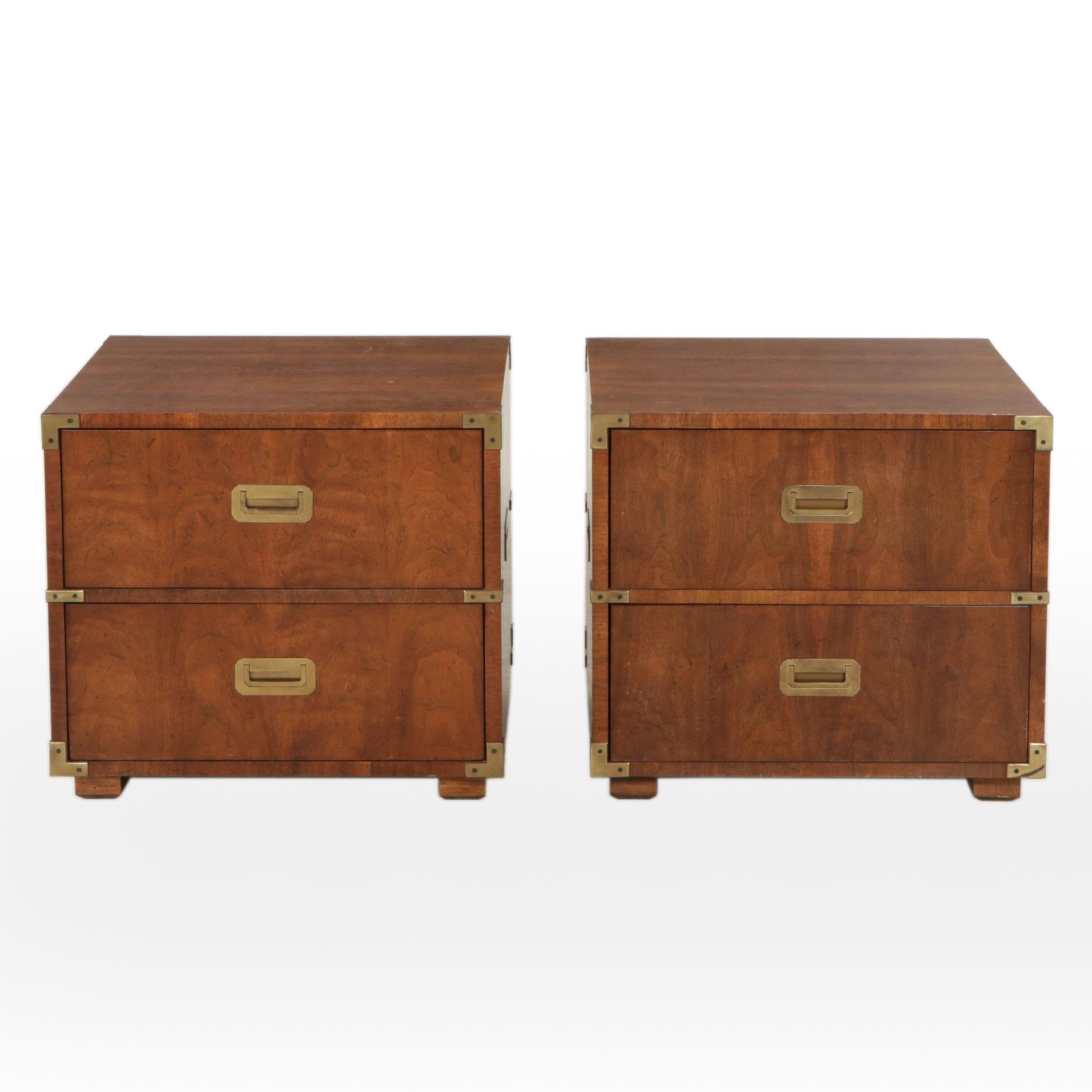 Pair of Henredon Campaign Style Walnut Nightstands, Late 20th Century