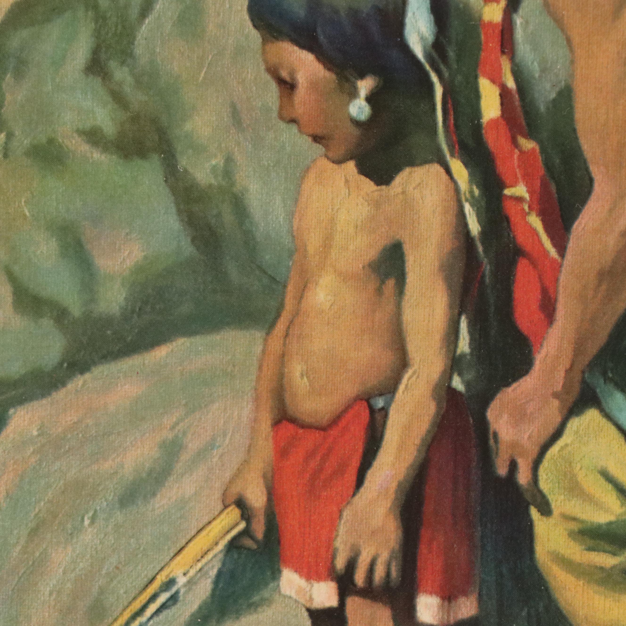 Robert Beaven Folk Art Handmade Wood Frame With Offset Lithograph, 20th Century