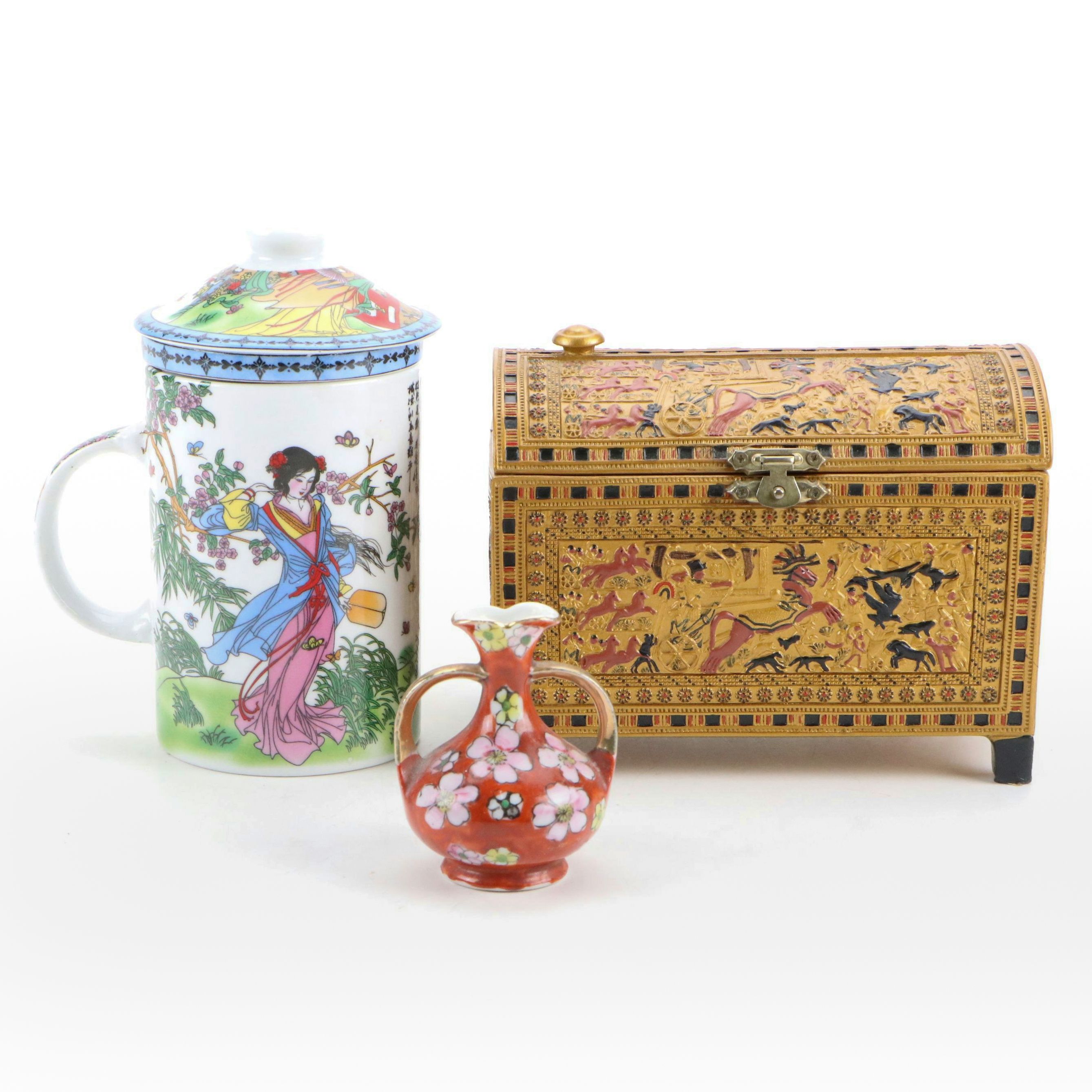 Yu Tai Porcelain Lidded Tea Straining Mug with Egyptian Style Miniature Chest