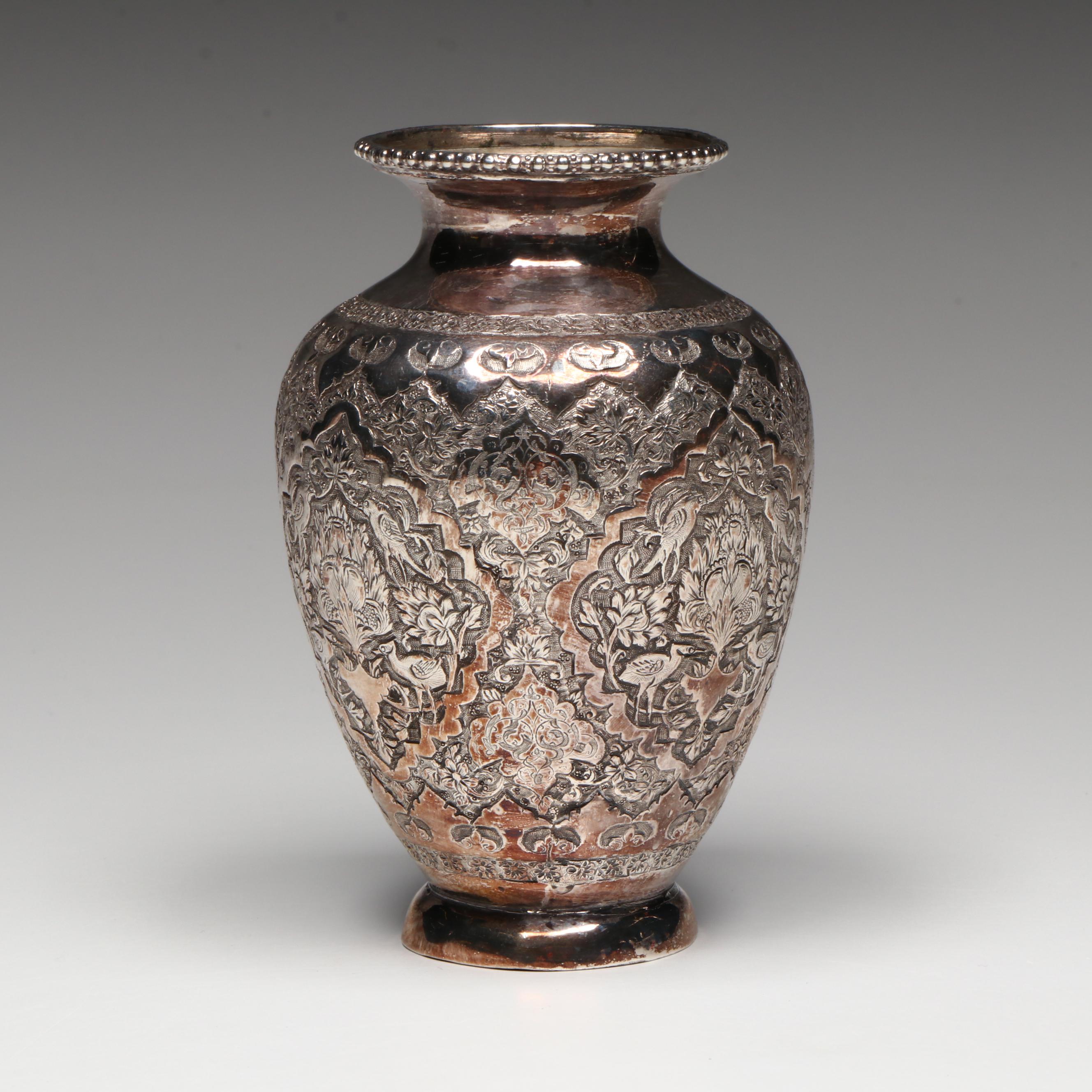 Persian Chased Sterling Silver Vase, Early 20th Century