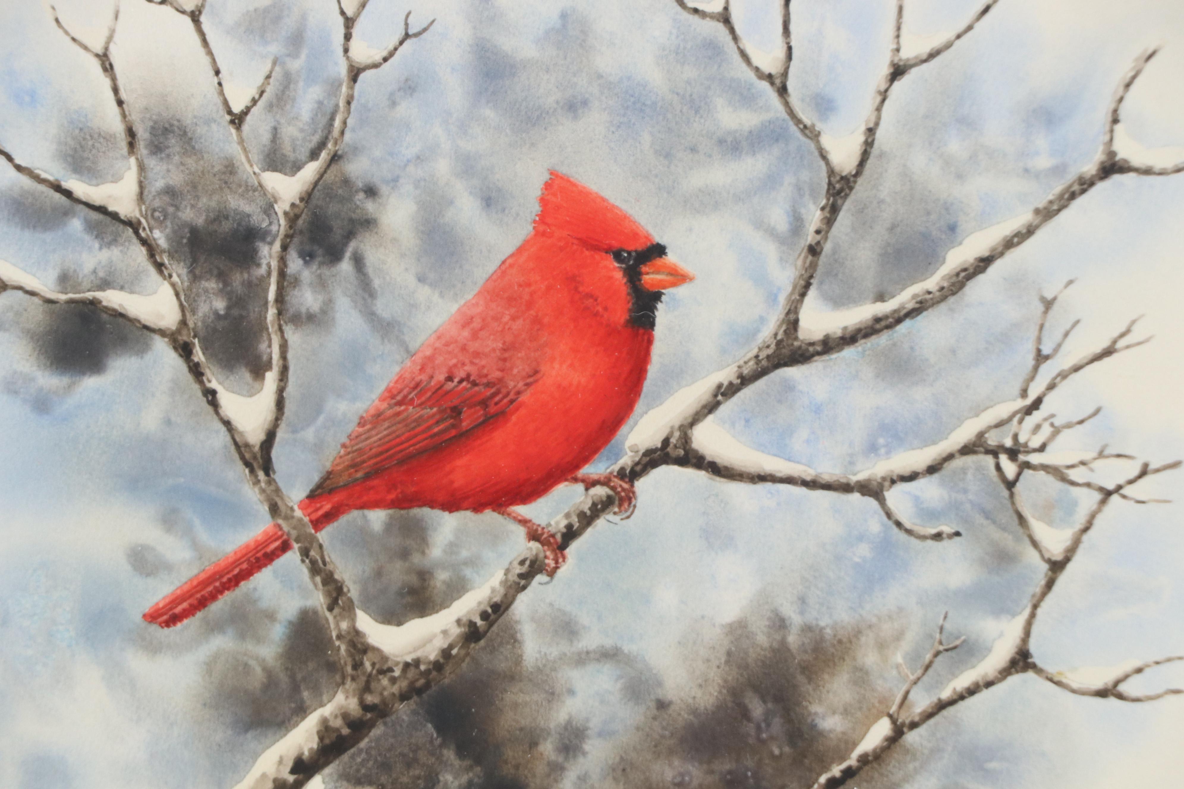 Jean Vietor Watercolor Painting of Cardinal on Snowy Bough, 1993