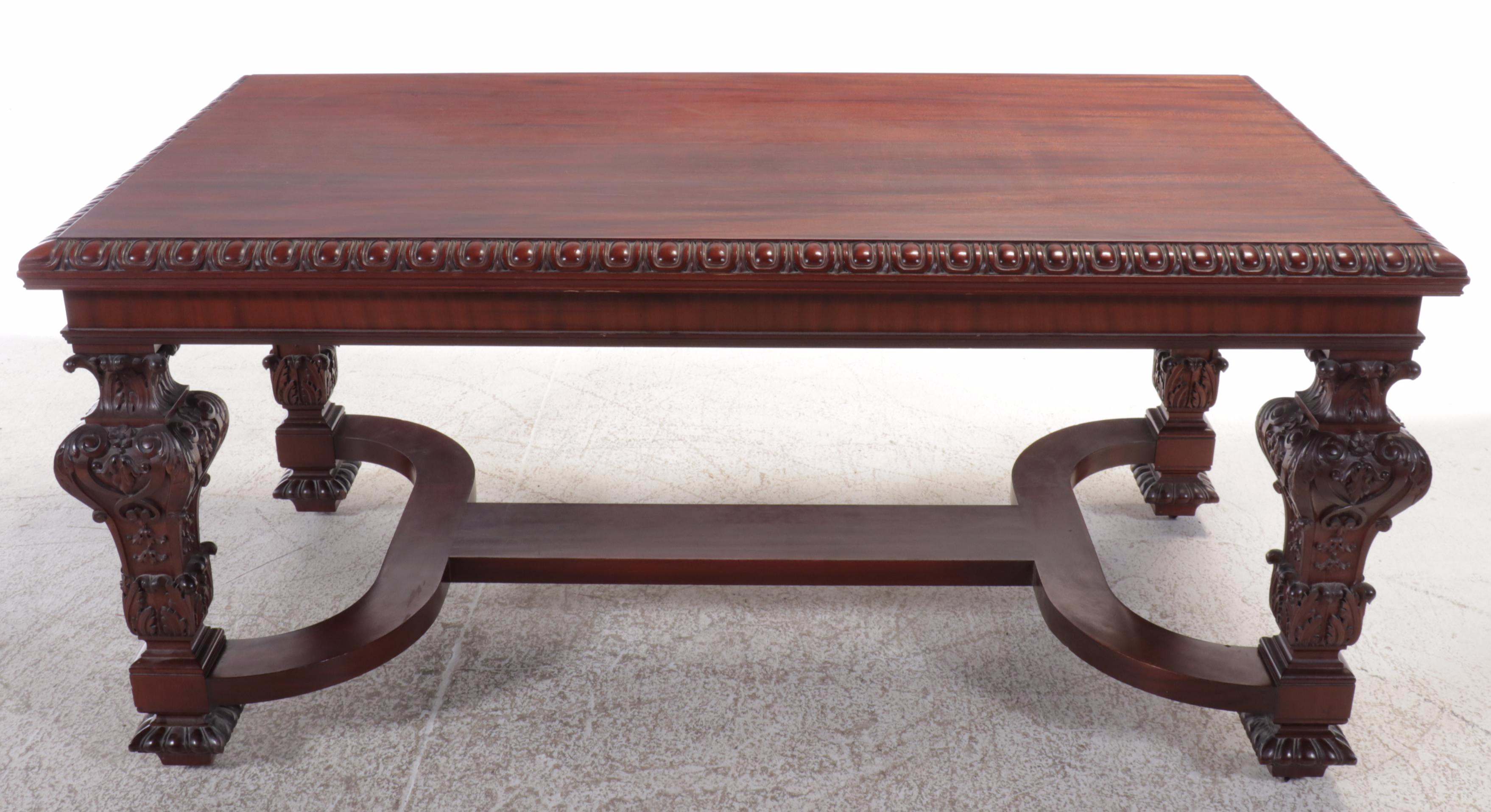 Jacobean Style Carved Mahogany Library Table on Casters, 20th Century