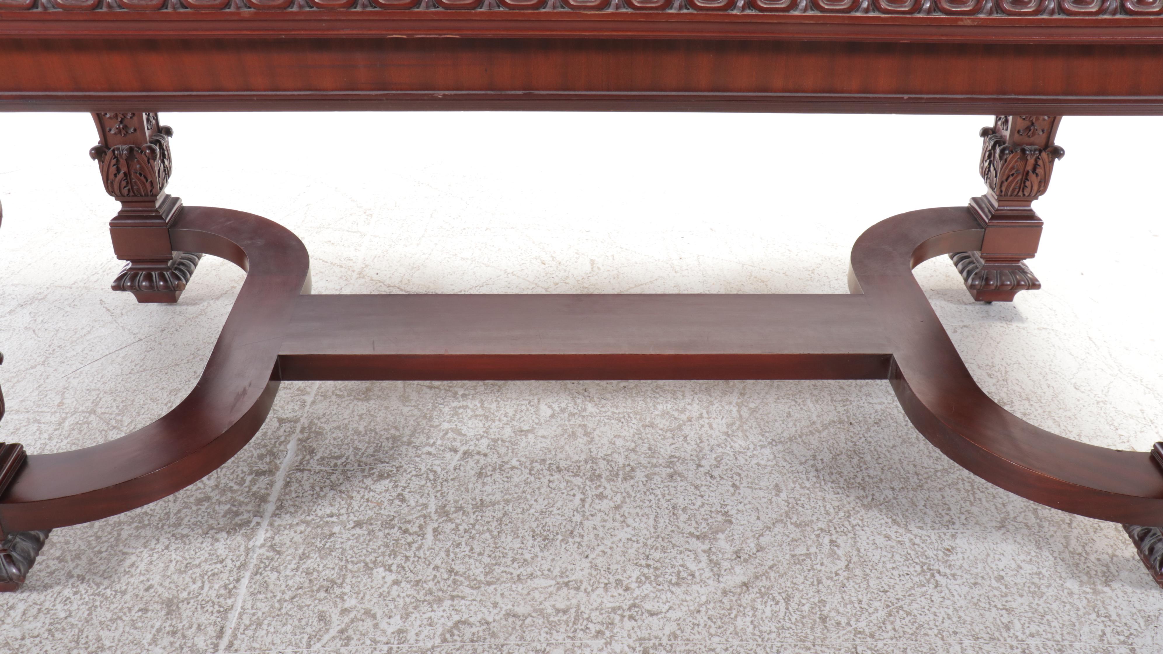 Jacobean Style Carved Mahogany Library Table on Casters, 20th Century