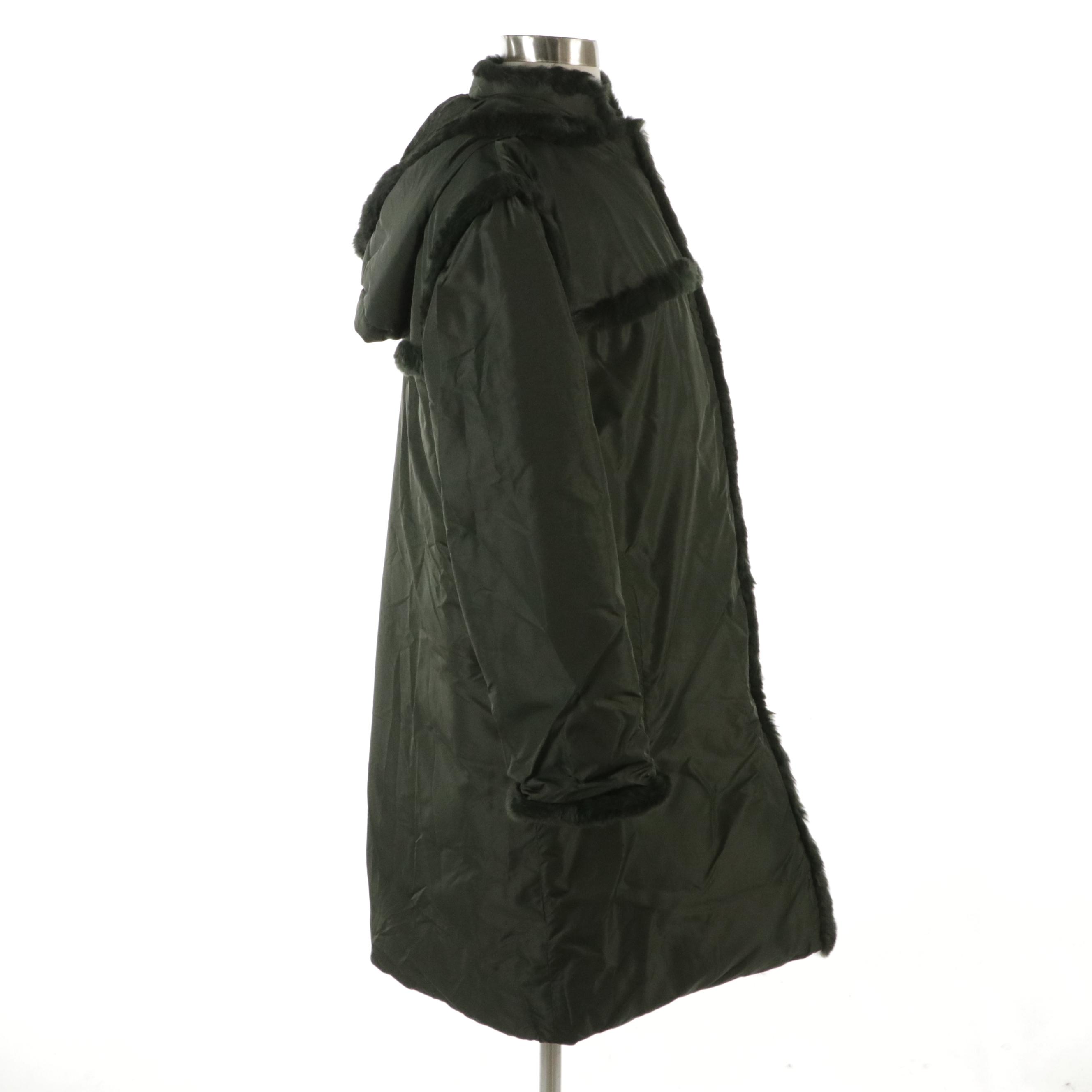Rena Lange Army Green Nylon Winter Coat with Rabbit Fur Trimming