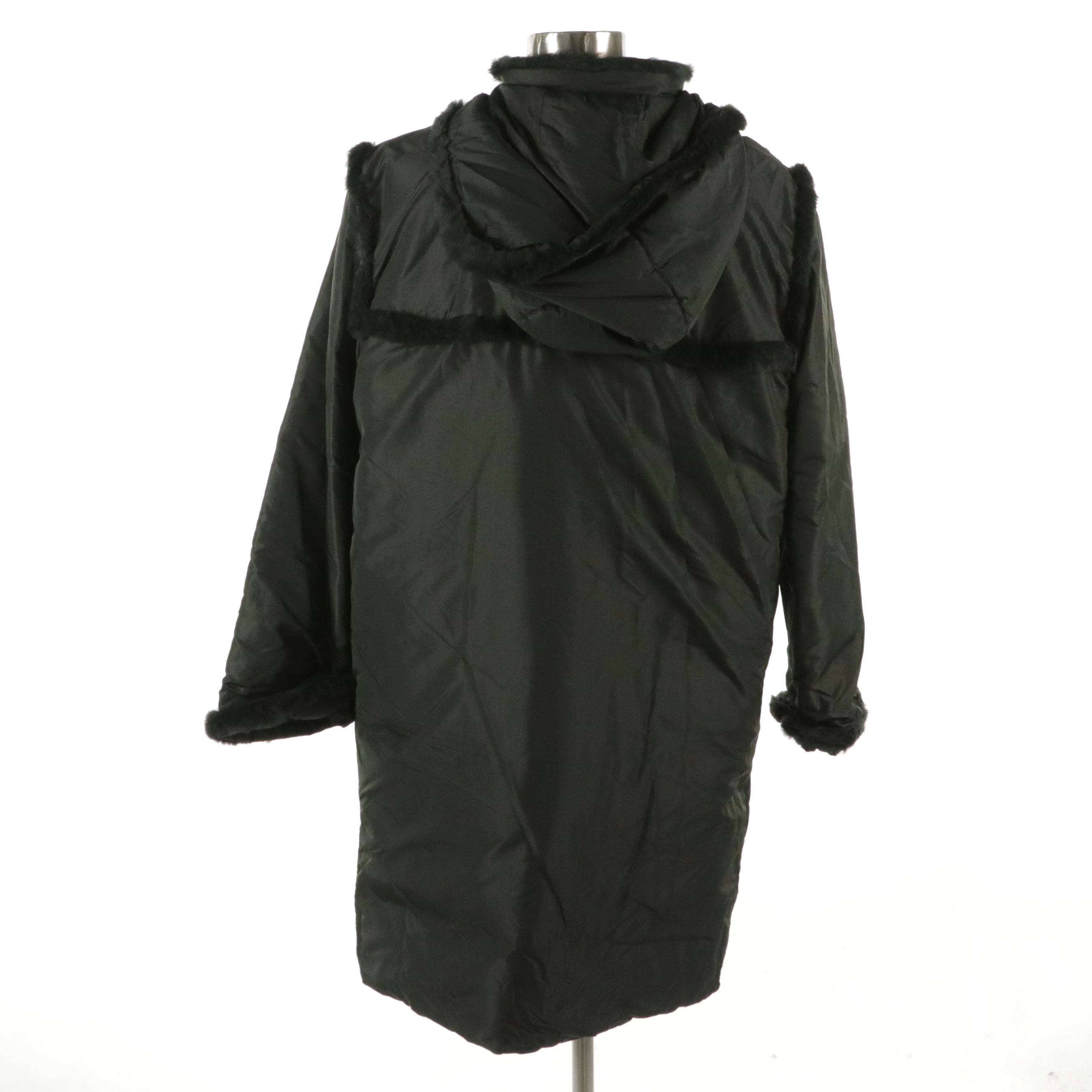 Rena Lange Army Green Nylon Winter Coat with Rabbit Fur Trimming