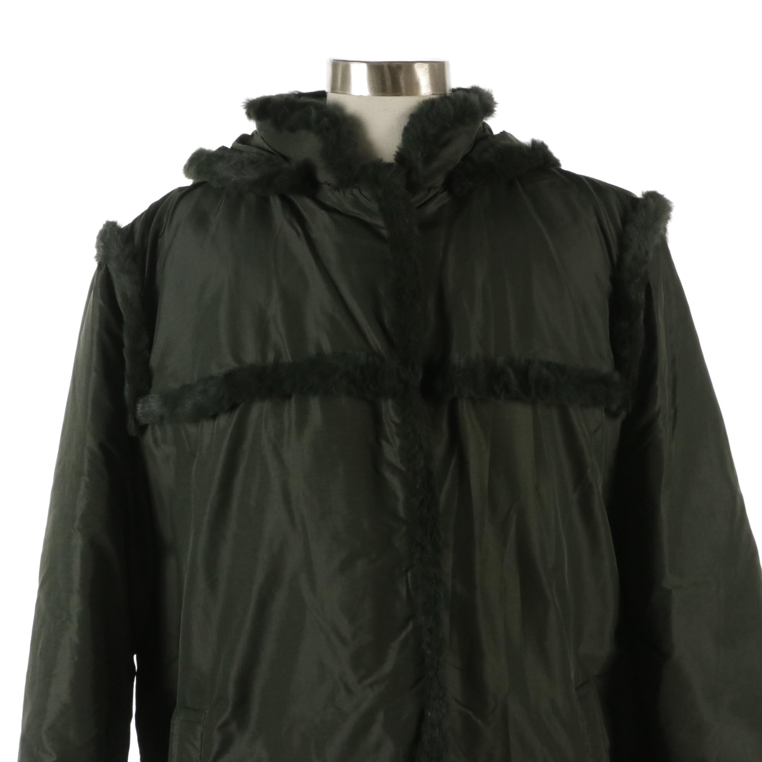 Rena Lange Army Green Nylon Winter Coat with Rabbit Fur Trimming