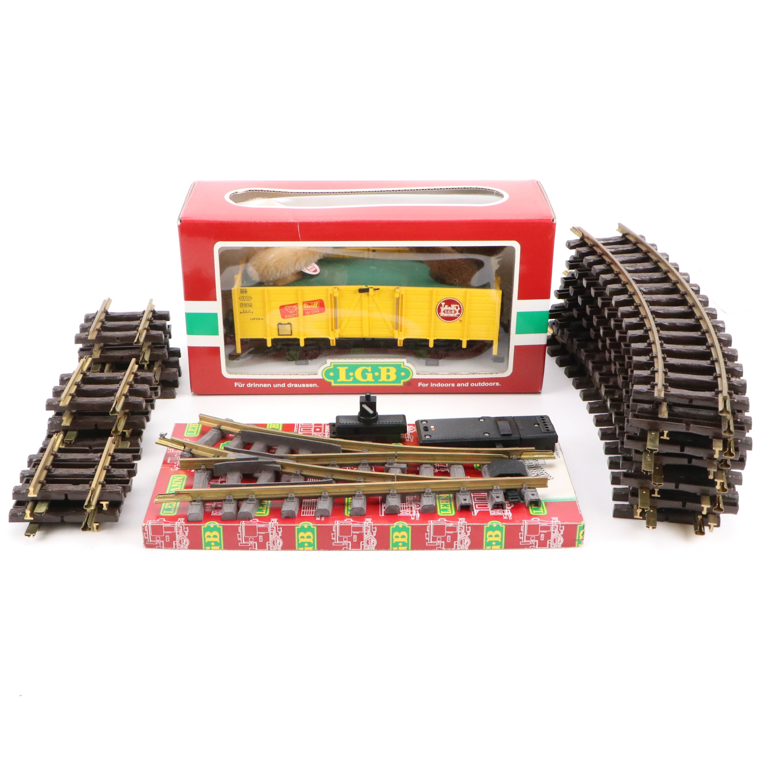 Vintage Lehmann-Gross-Bahn Assorted Track Pieces and Train Car