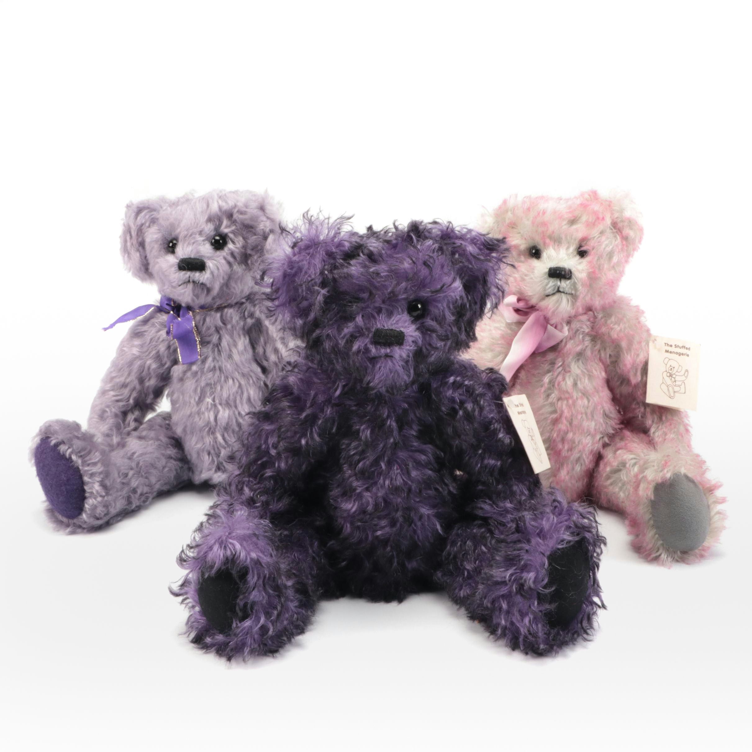 The Stuffed Menagerie "Iris," "Violet," and "Dusty Rose" Mohair Teddy Bears