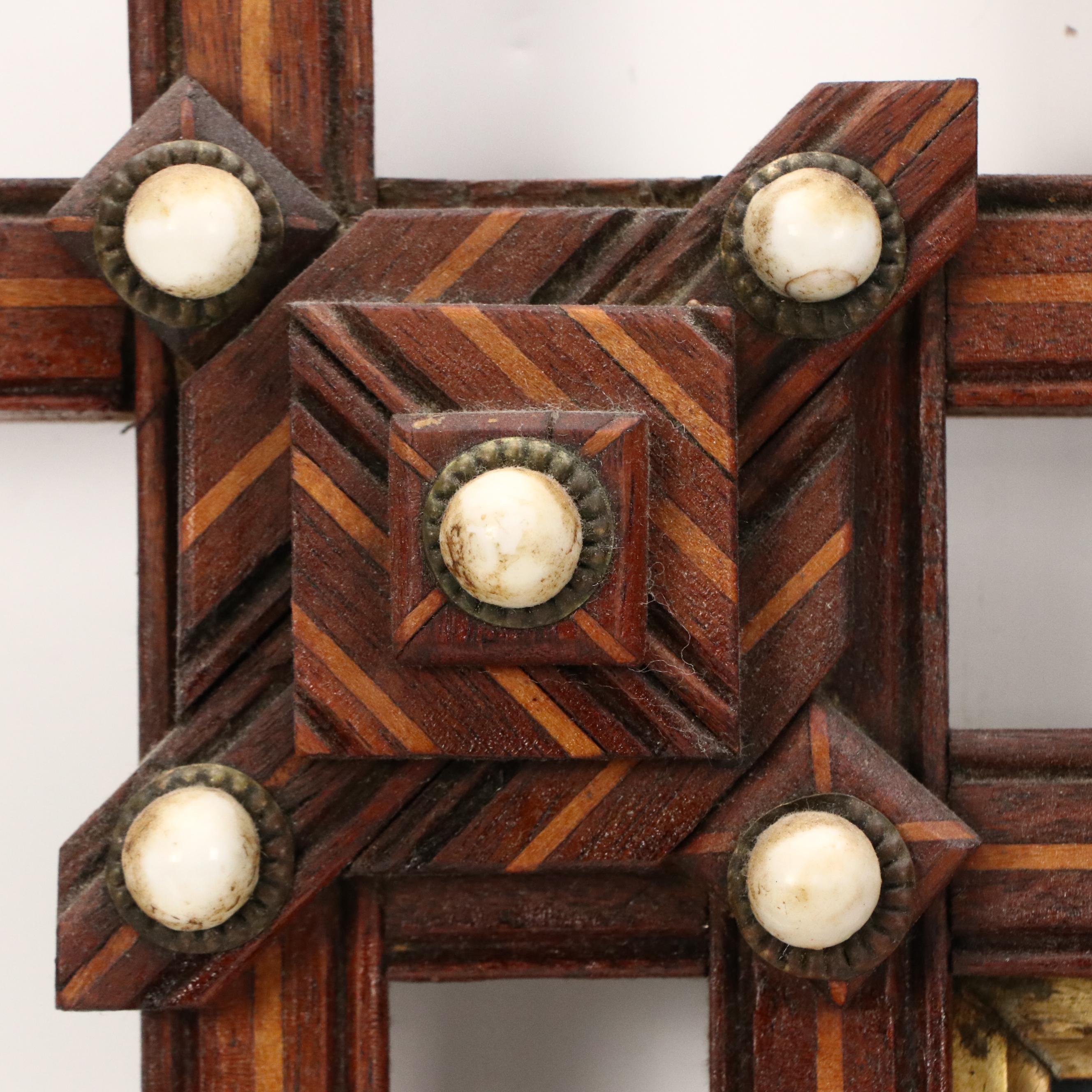 Wooden Tramp Art Frame with Floral Photographs, Late 19th to Early 20th Century