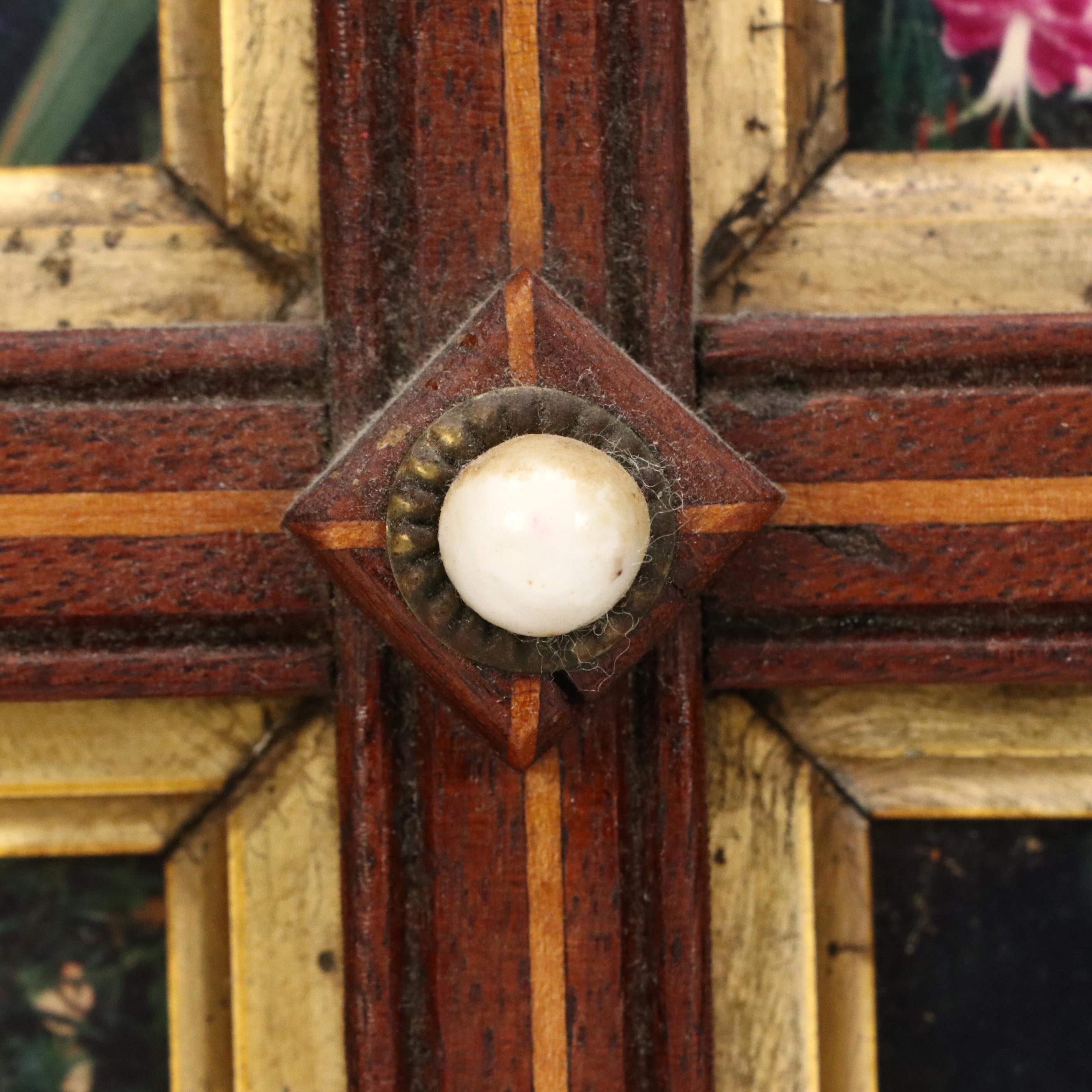 Wooden Tramp Art Frame with Floral Photographs, Late 19th to Early 20th Century