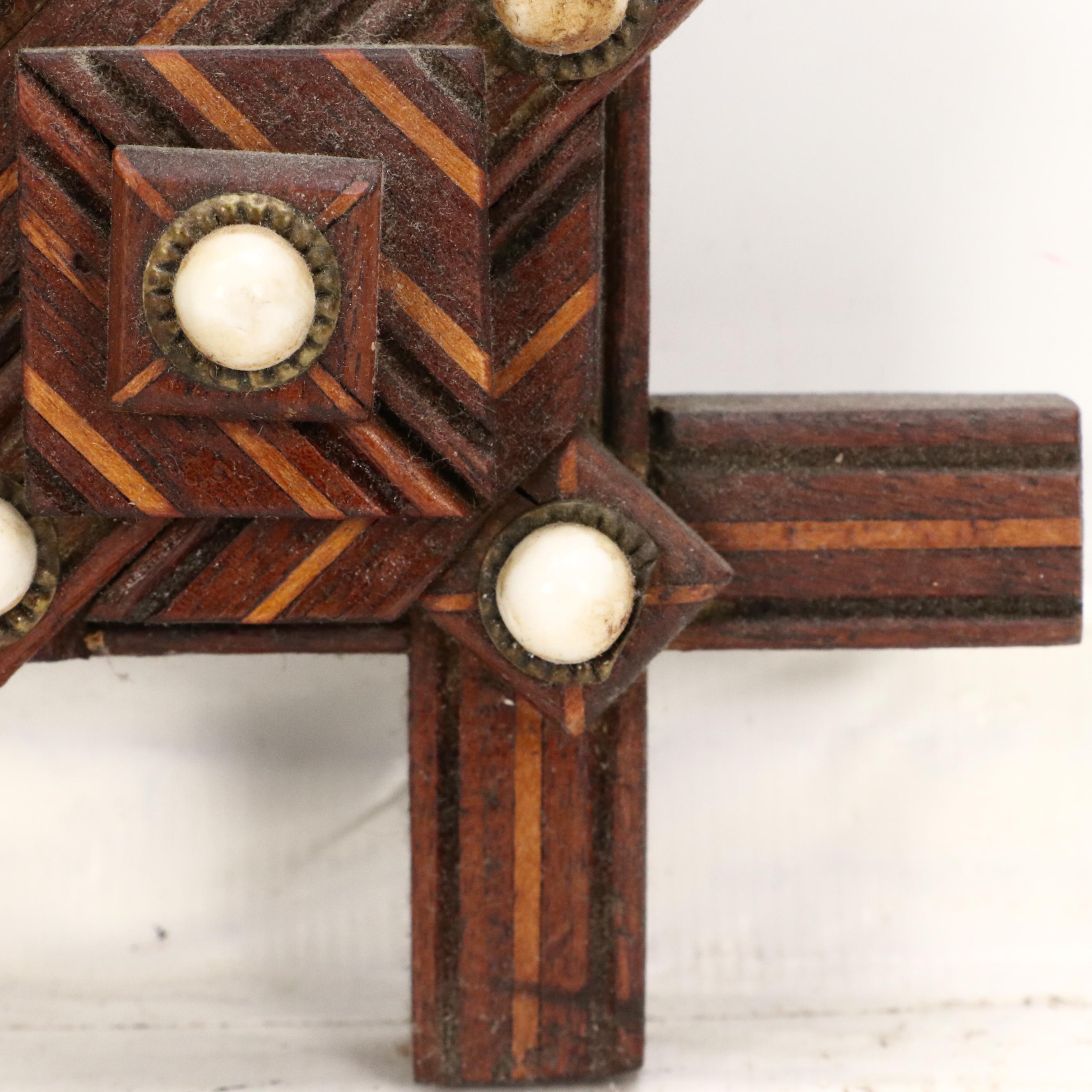 Wooden Tramp Art Frame with Floral Photographs, Late 19th to Early 20th Century