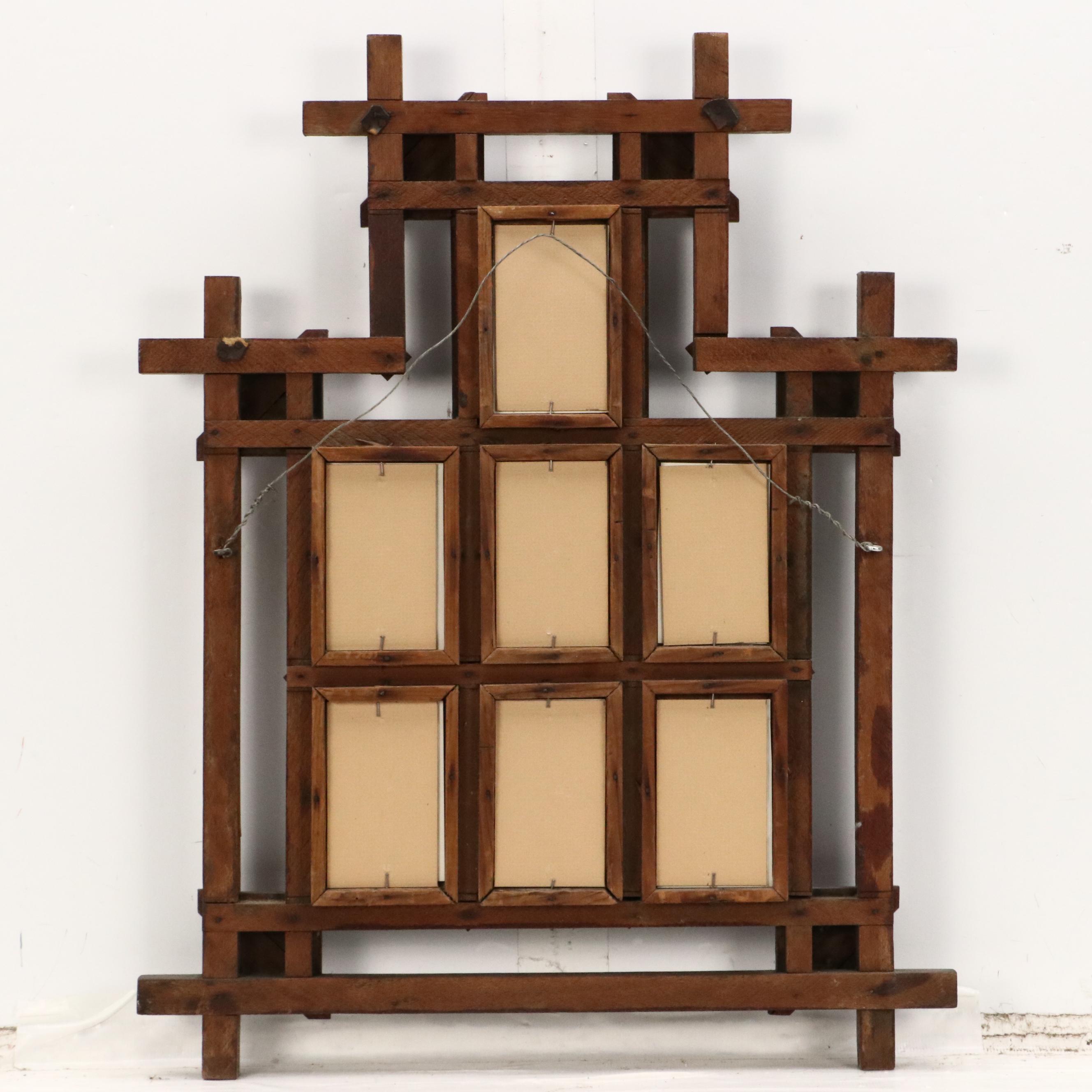 Wooden Tramp Art Frame with Floral Photographs, Late 19th to Early 20th Century