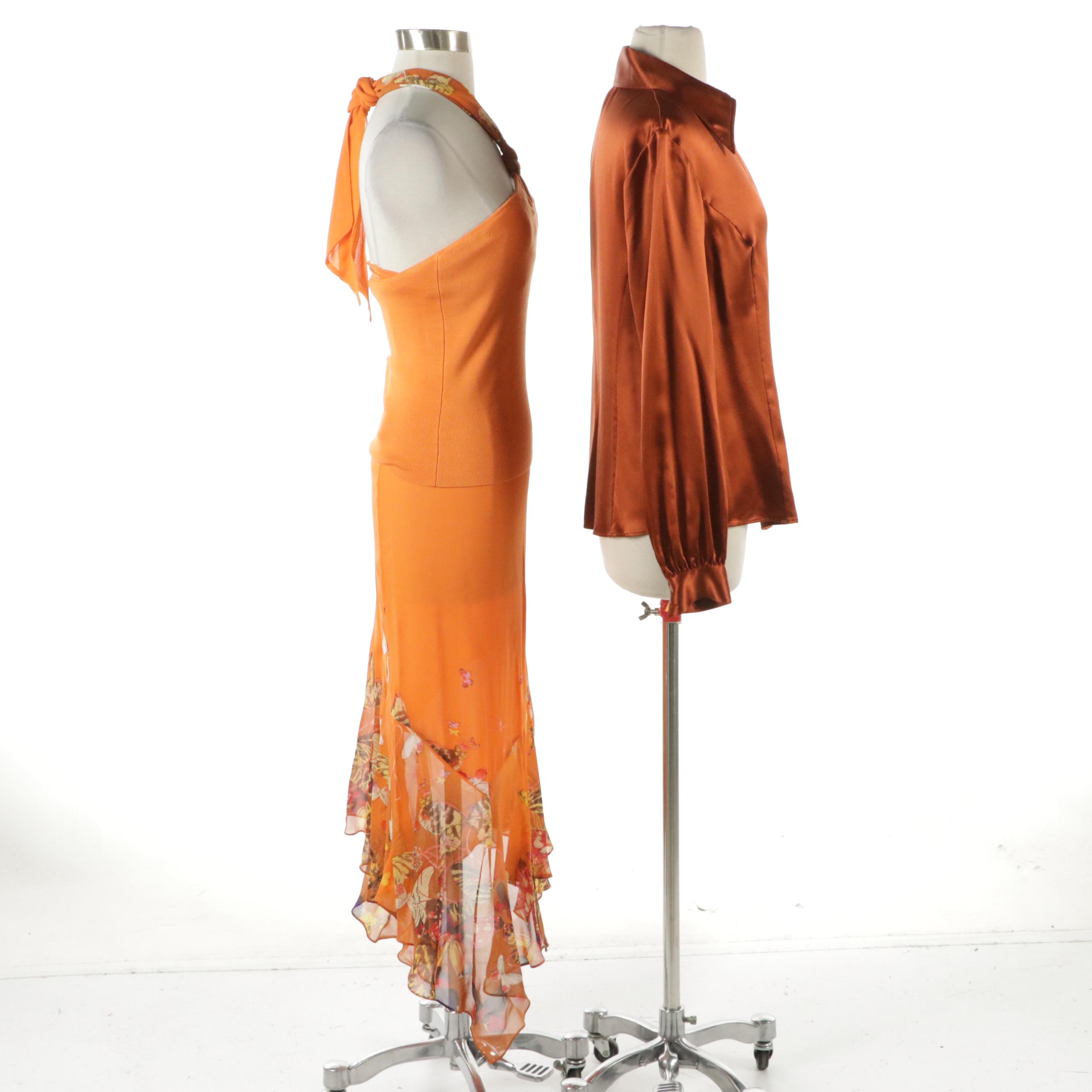 Dana Buchman Orange Silk Two-Piece Skirt Set and Lafayette 148 Silk Blouse