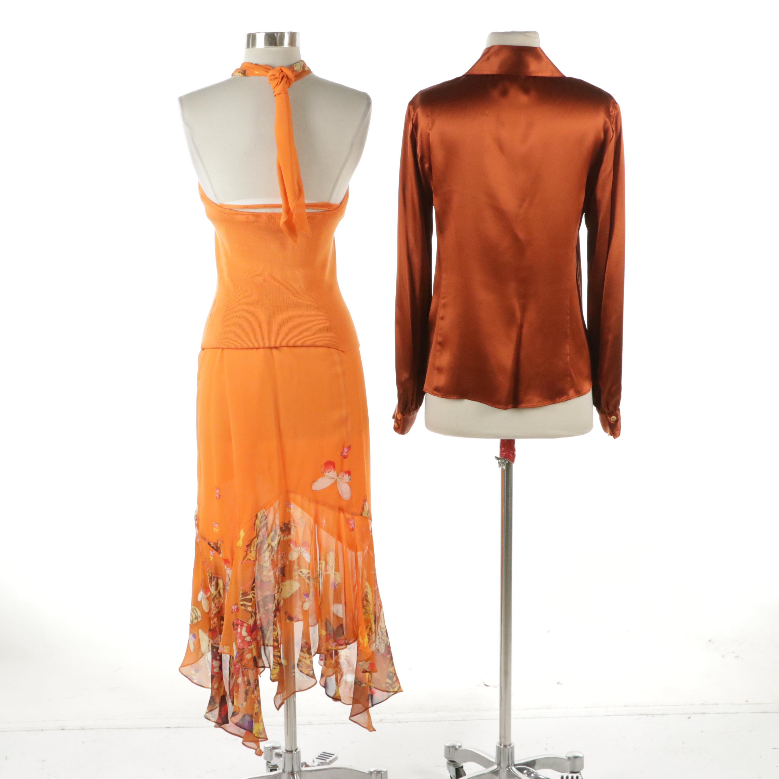Dana Buchman Orange Silk Two-Piece Skirt Set and Lafayette 148 Silk Blouse