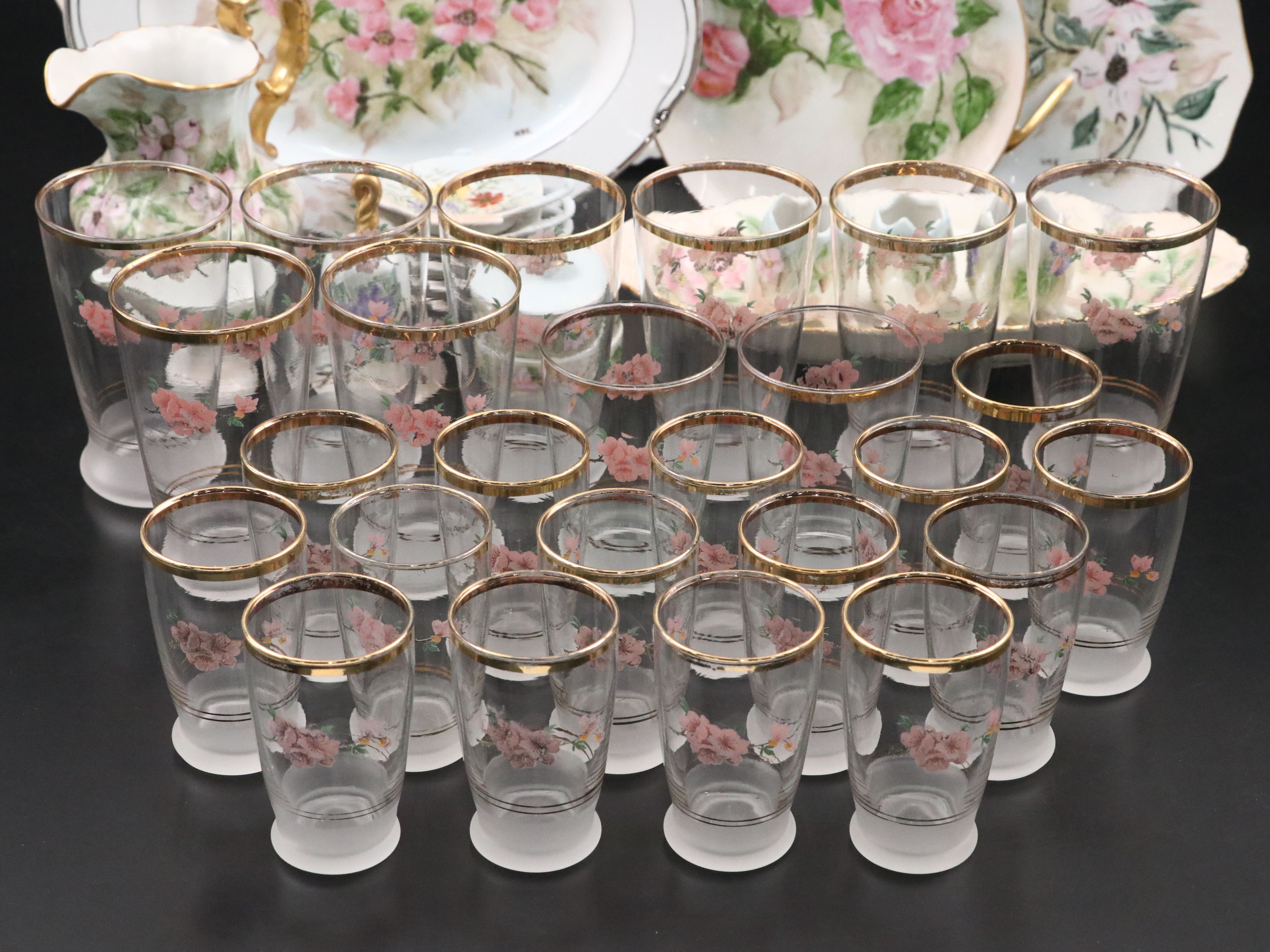 Hand-Painted Porcelain Serveware and Gilt Tumblers