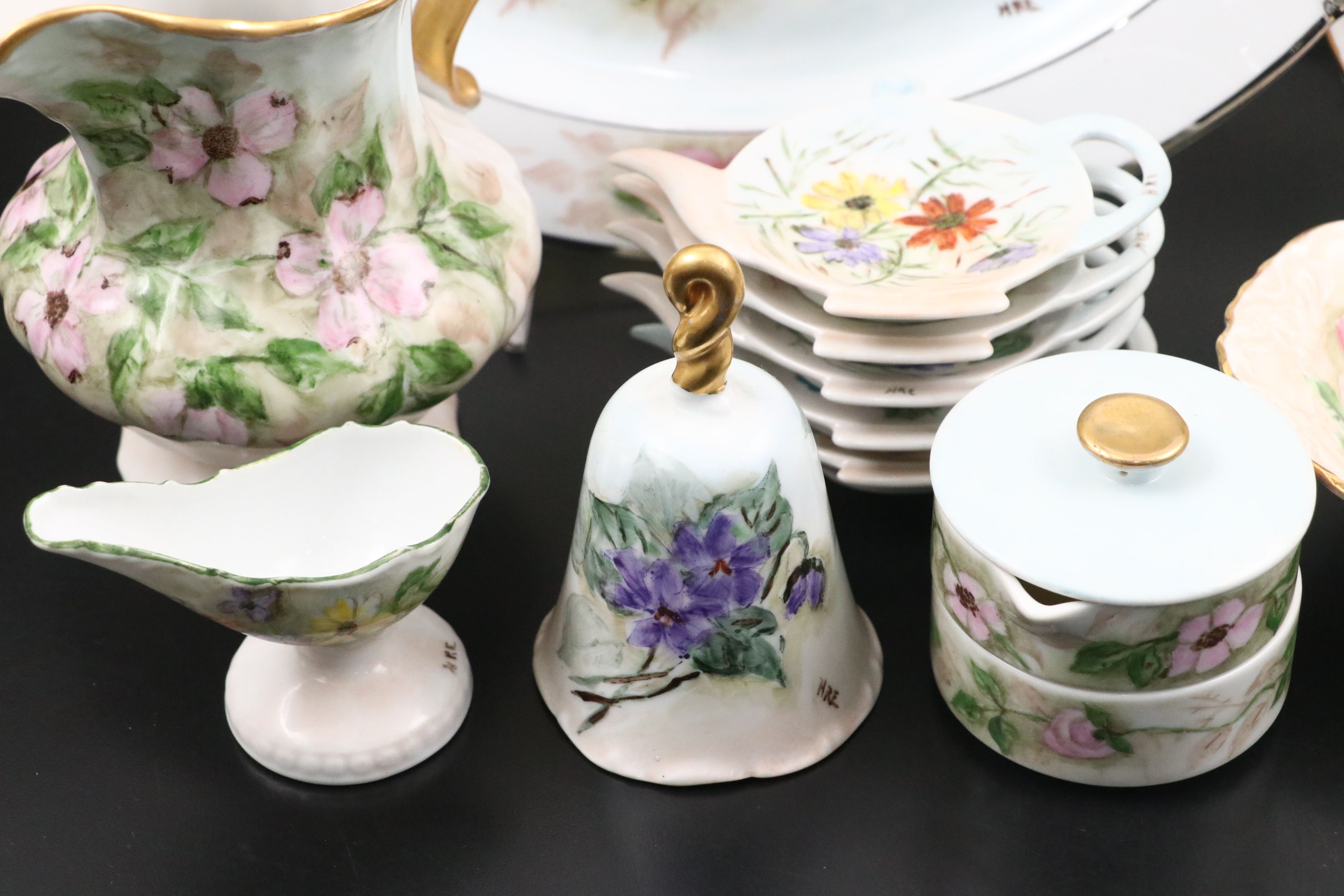 Hand-Painted Porcelain Serveware and Gilt Tumblers