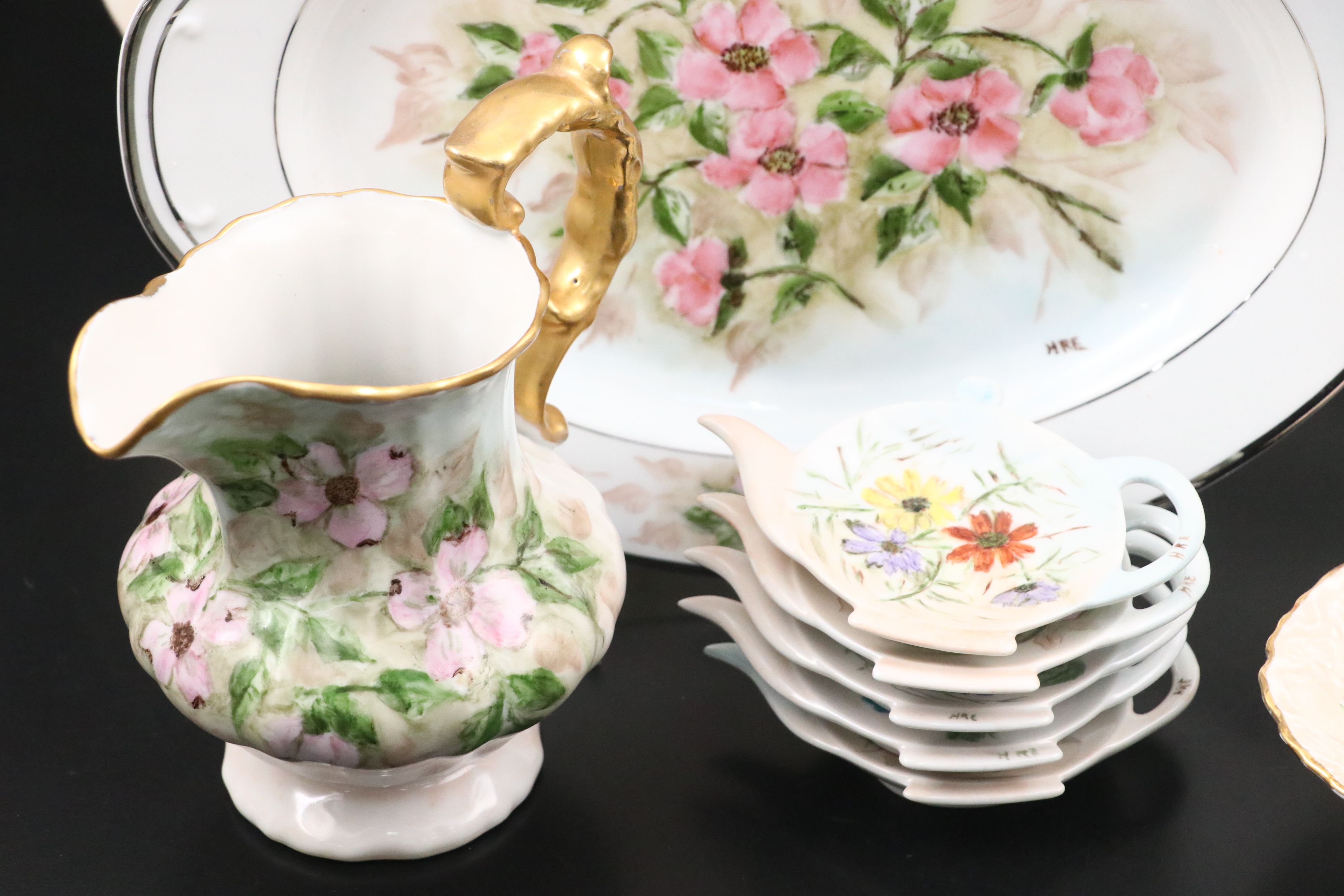 Hand-Painted Porcelain Serveware and Gilt Tumblers