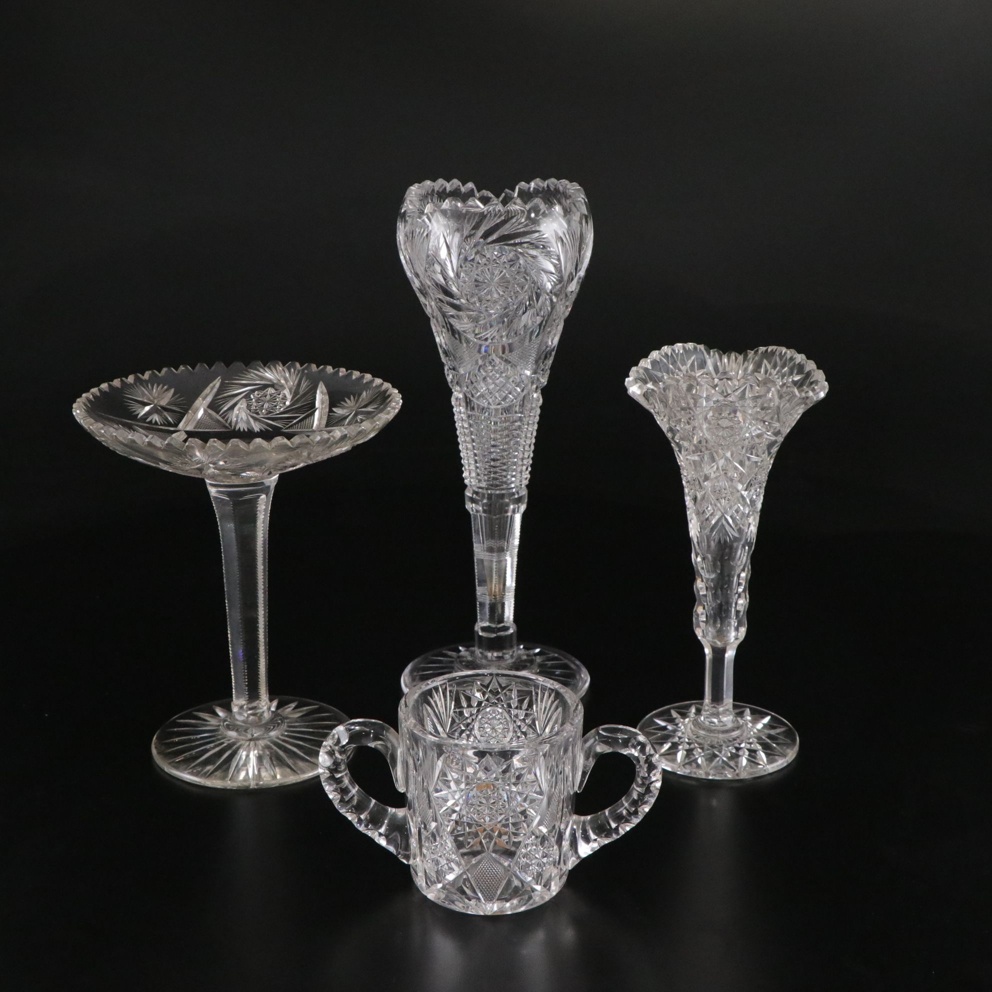 American Brilliant Crystal Compote, Vases & Bowl