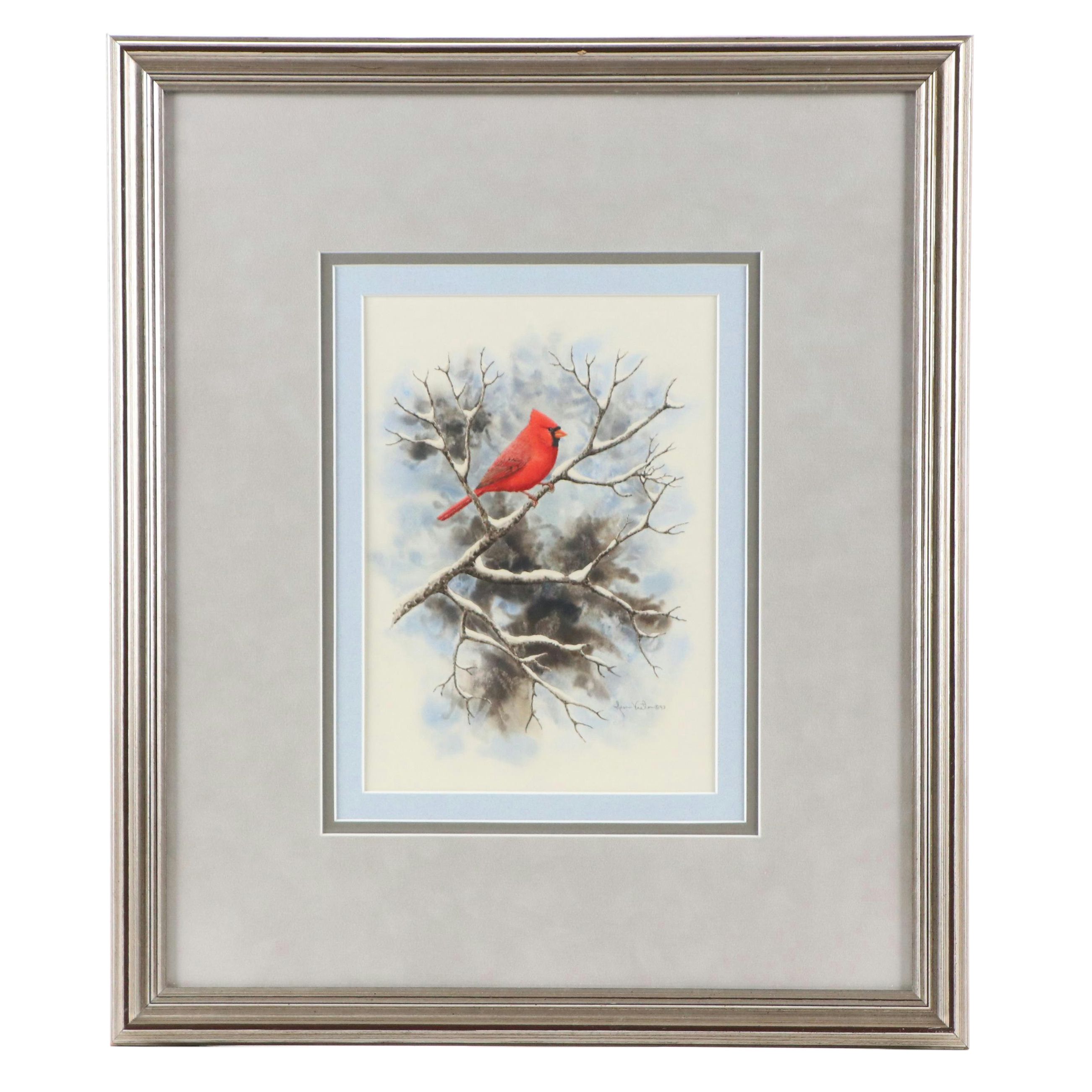 Jean Vietor Watercolor Painting of Cardinal on Snowy Bough, 1993