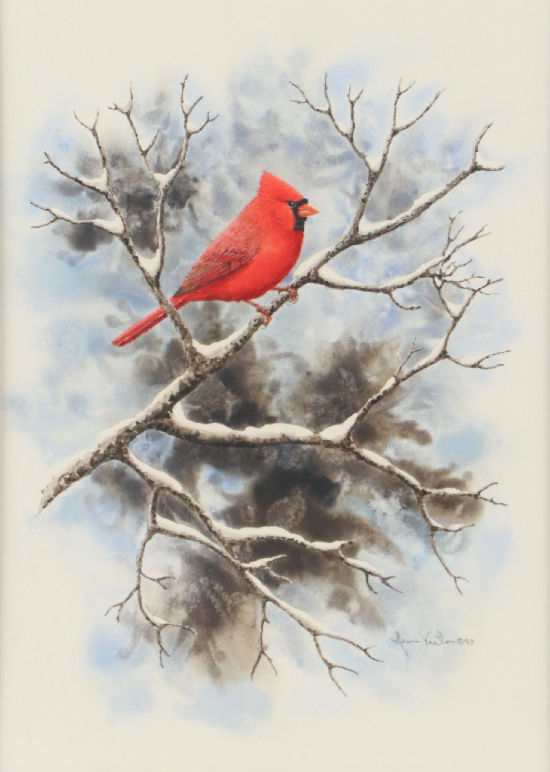 Jean Vietor Watercolor Painting of Cardinal on Snowy Bough, 1993