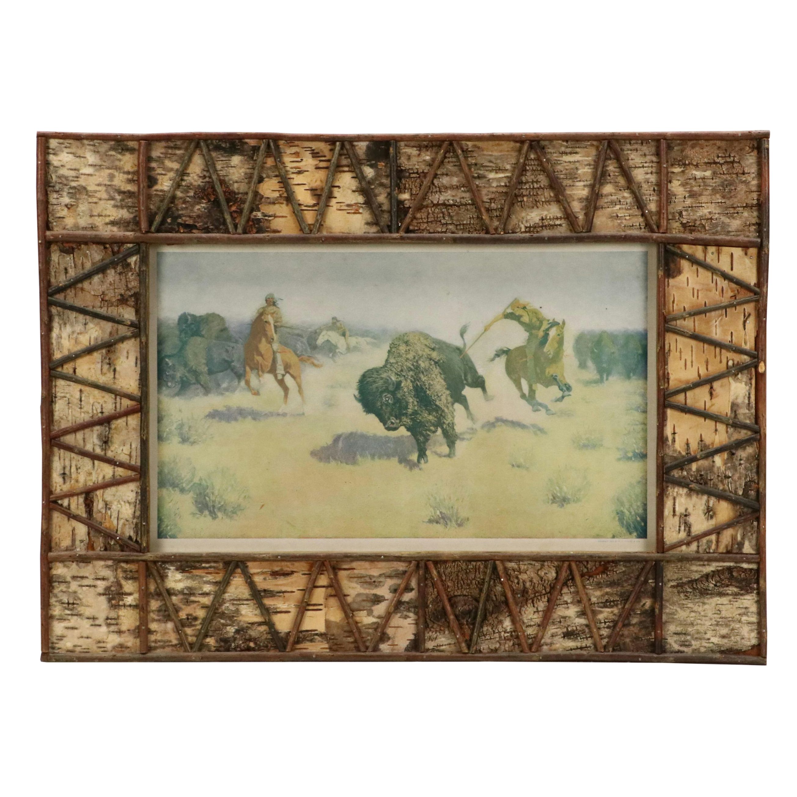 Robert Beaven Folk Art Handmade Frame With Offset Lithograph, 20th Century