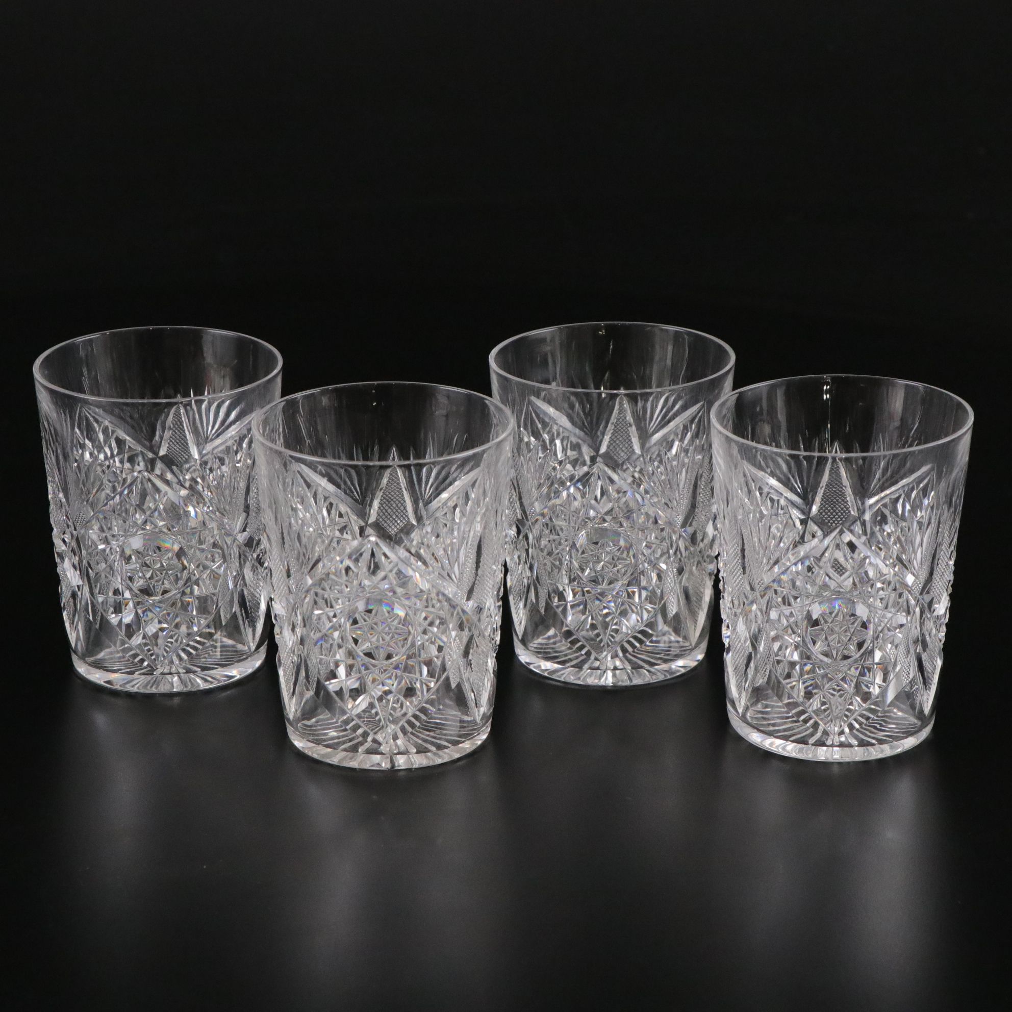 American Brilliant Cut Crystal Pinwheel Pitcher and Glasses