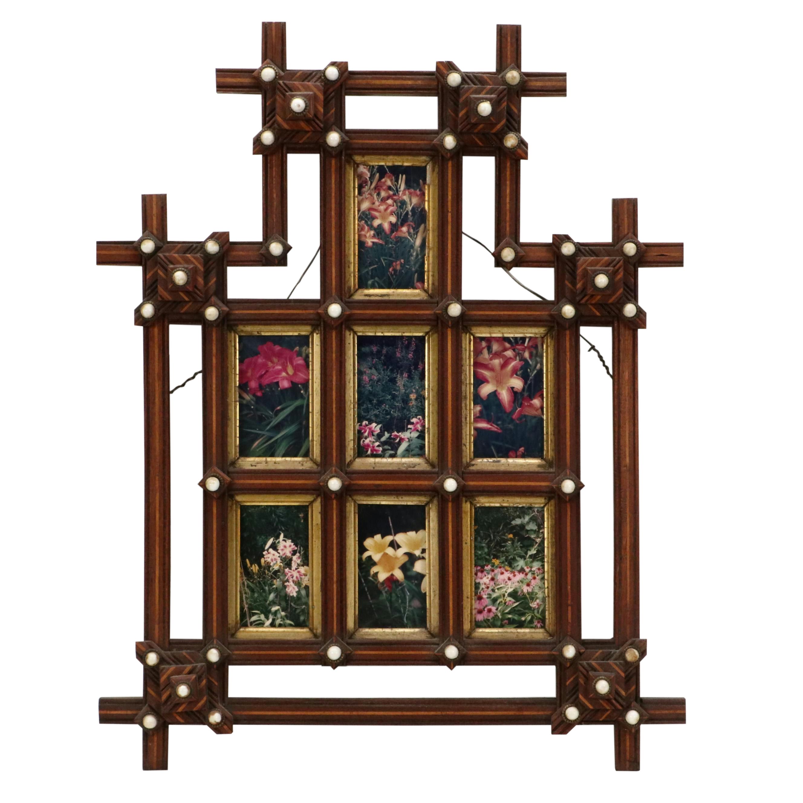 Wooden Tramp Art Frame with Floral Photographs, Late 19th to Early 20th Century