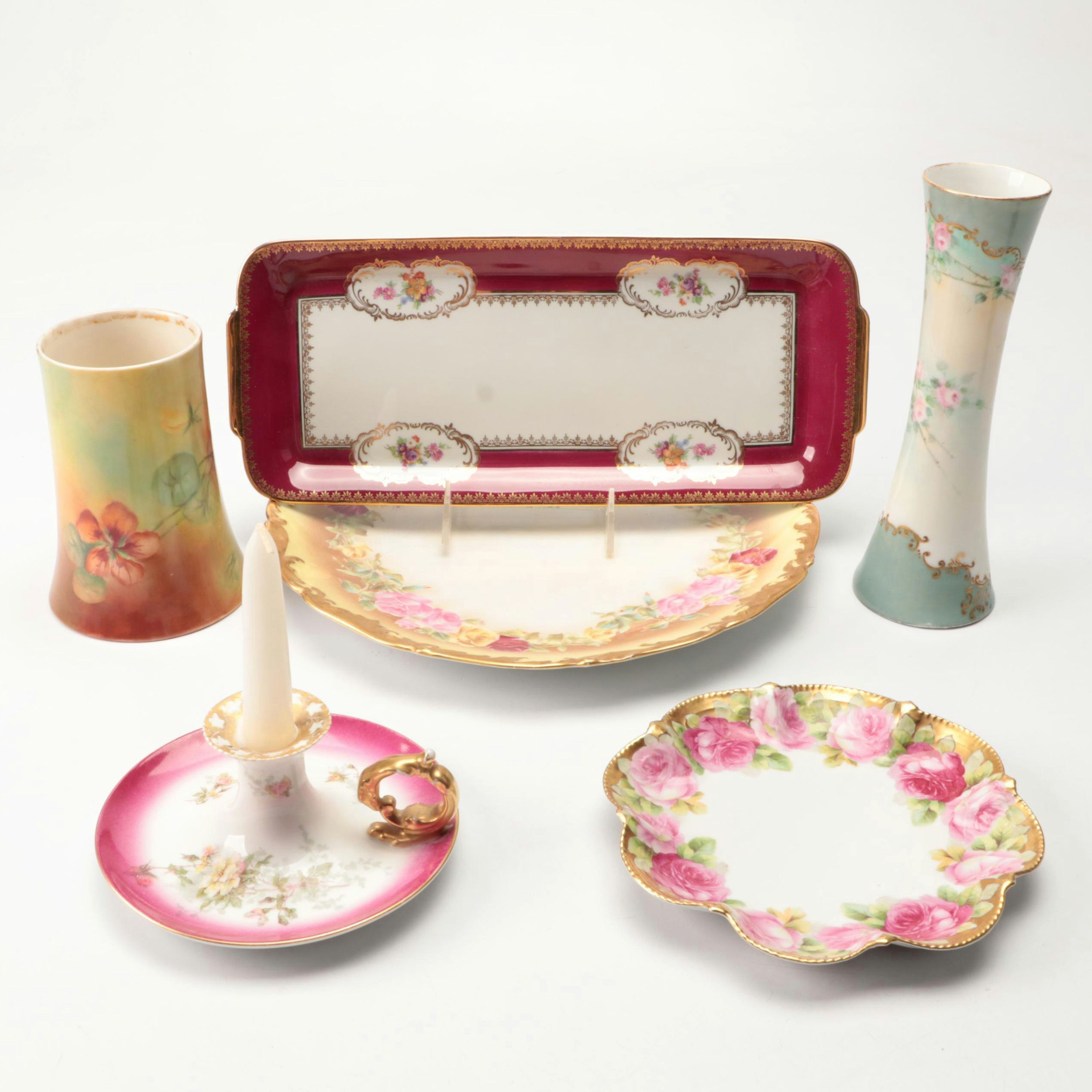 European Floral Porcelain Plates and Vases with Other Table Accessories